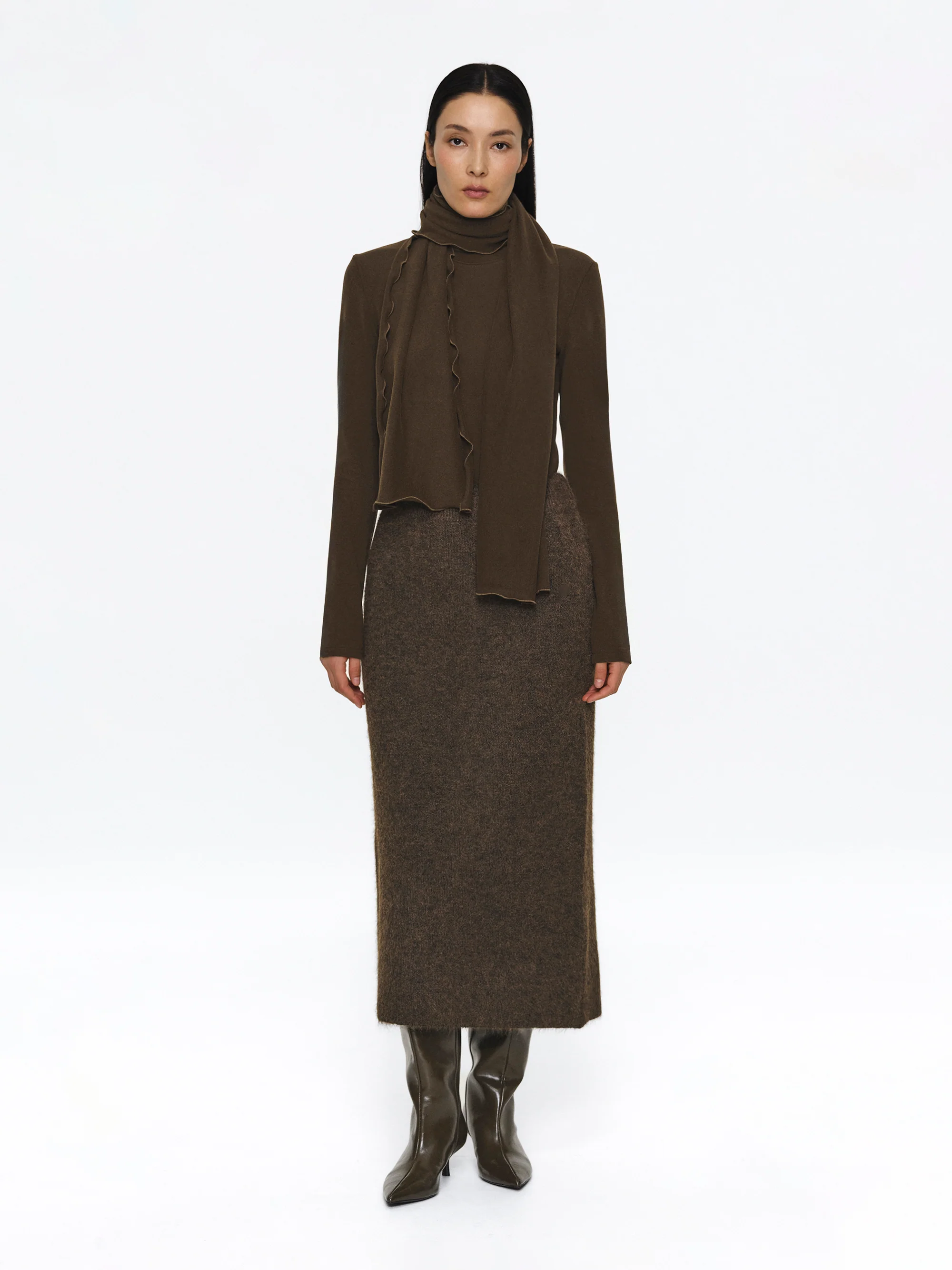 Brushed Knit Cardigan & Skirt Set, Brown - Image 5