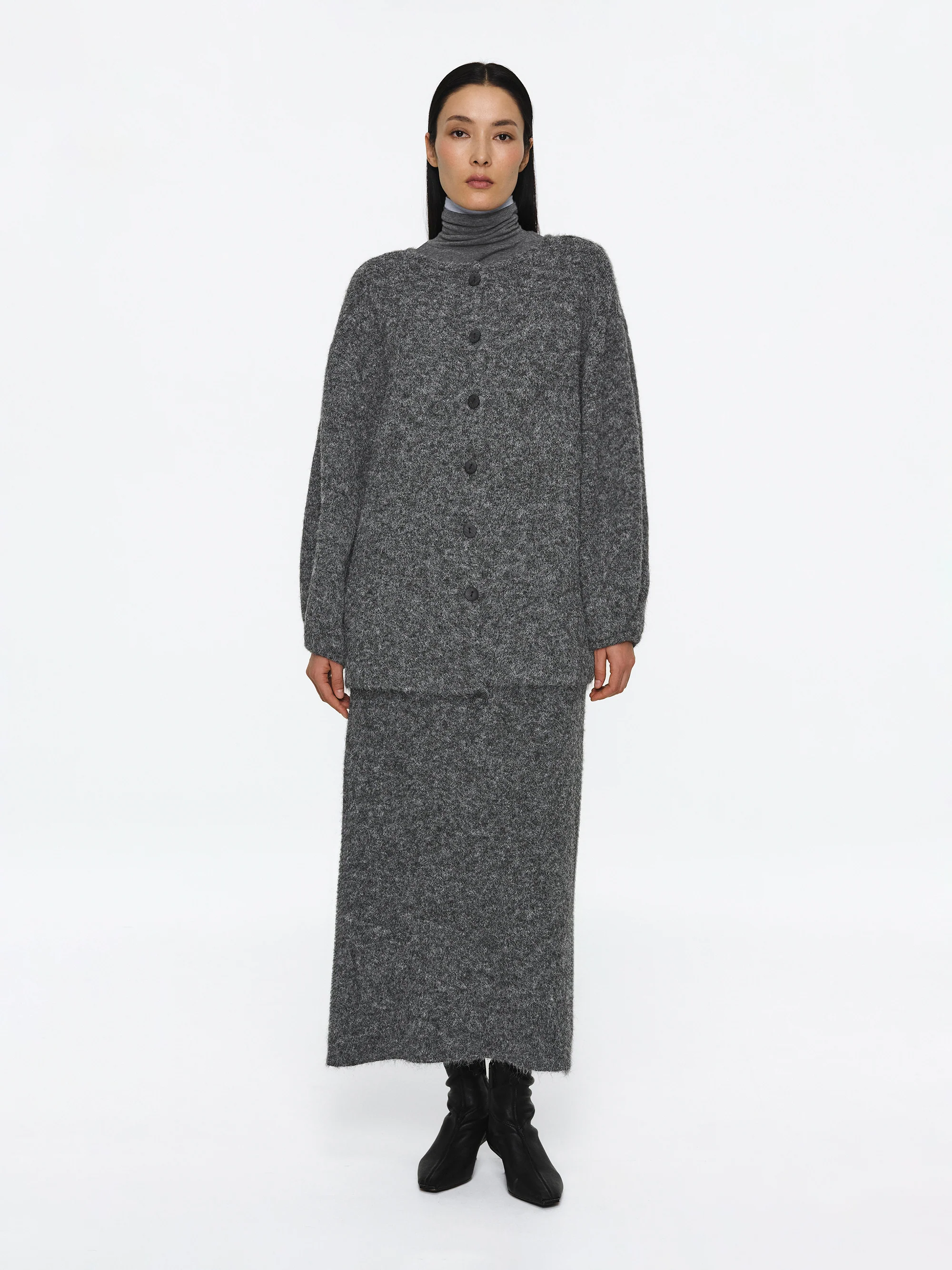 Brushed Knit Cardigan & Skirt Set, Charcoal