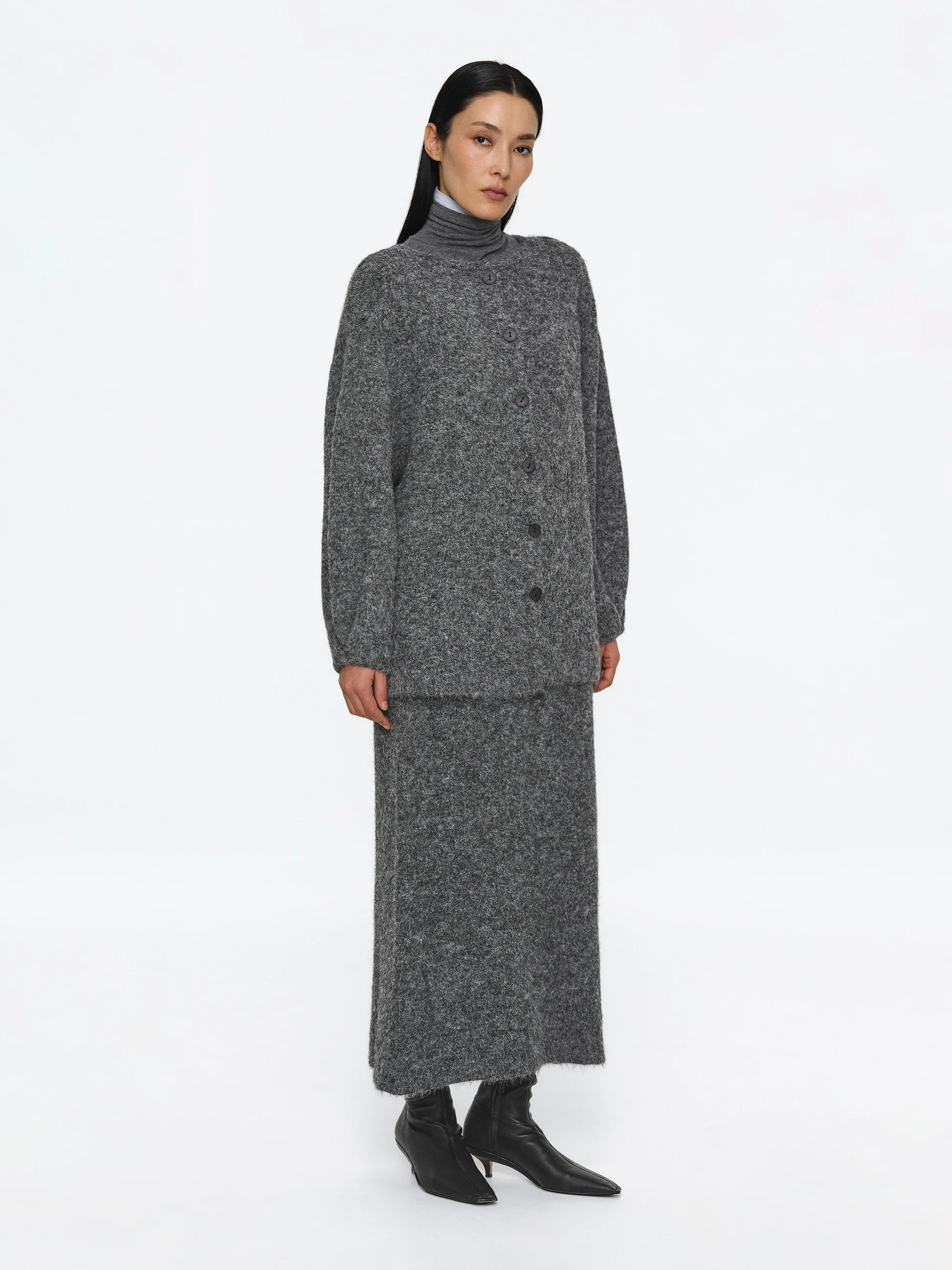 Brushed Knit Cardigan & Skirt Set, Charcoal - Image 5