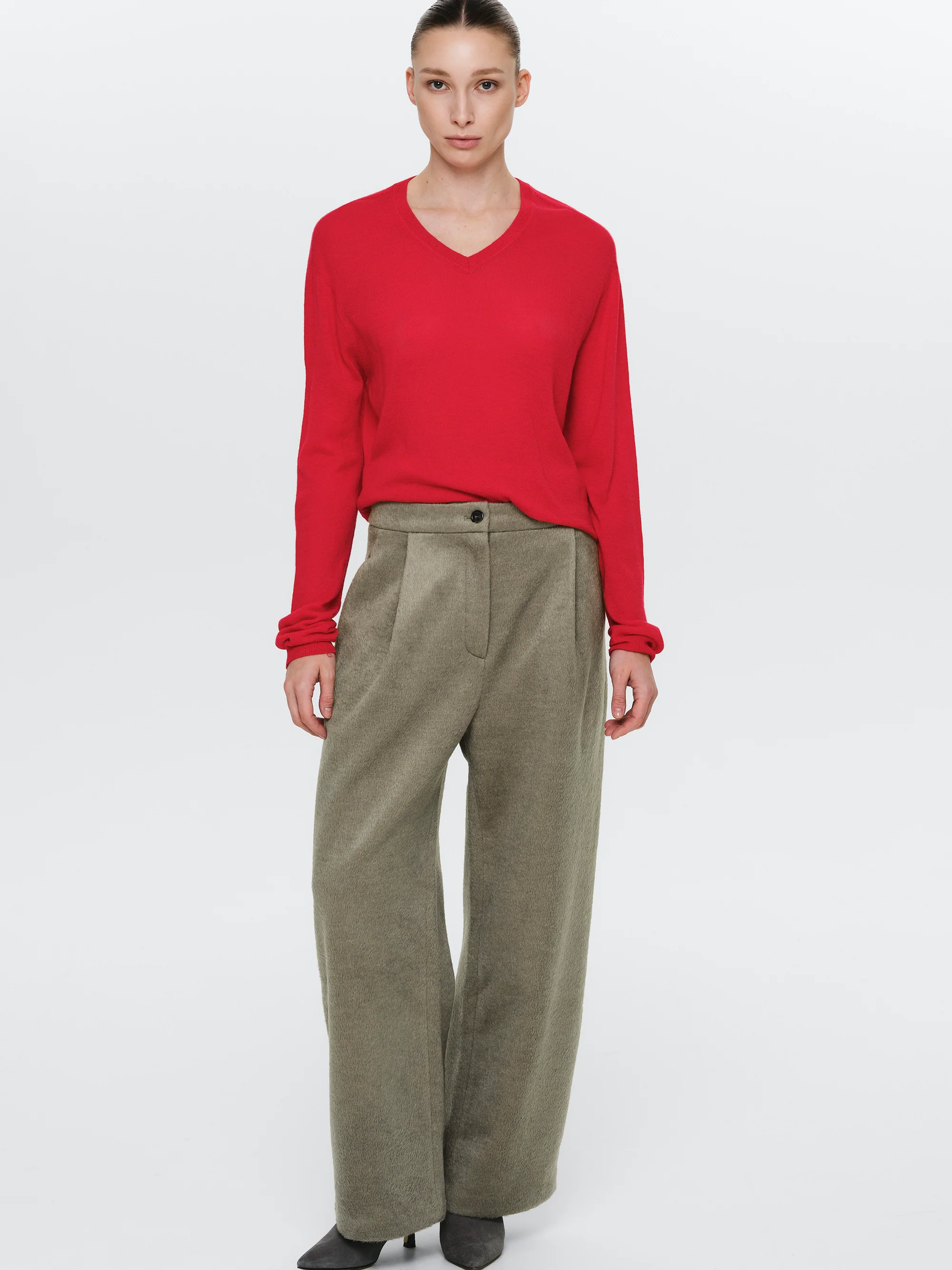 Brushed Wide Trousers, Beige - Image 3