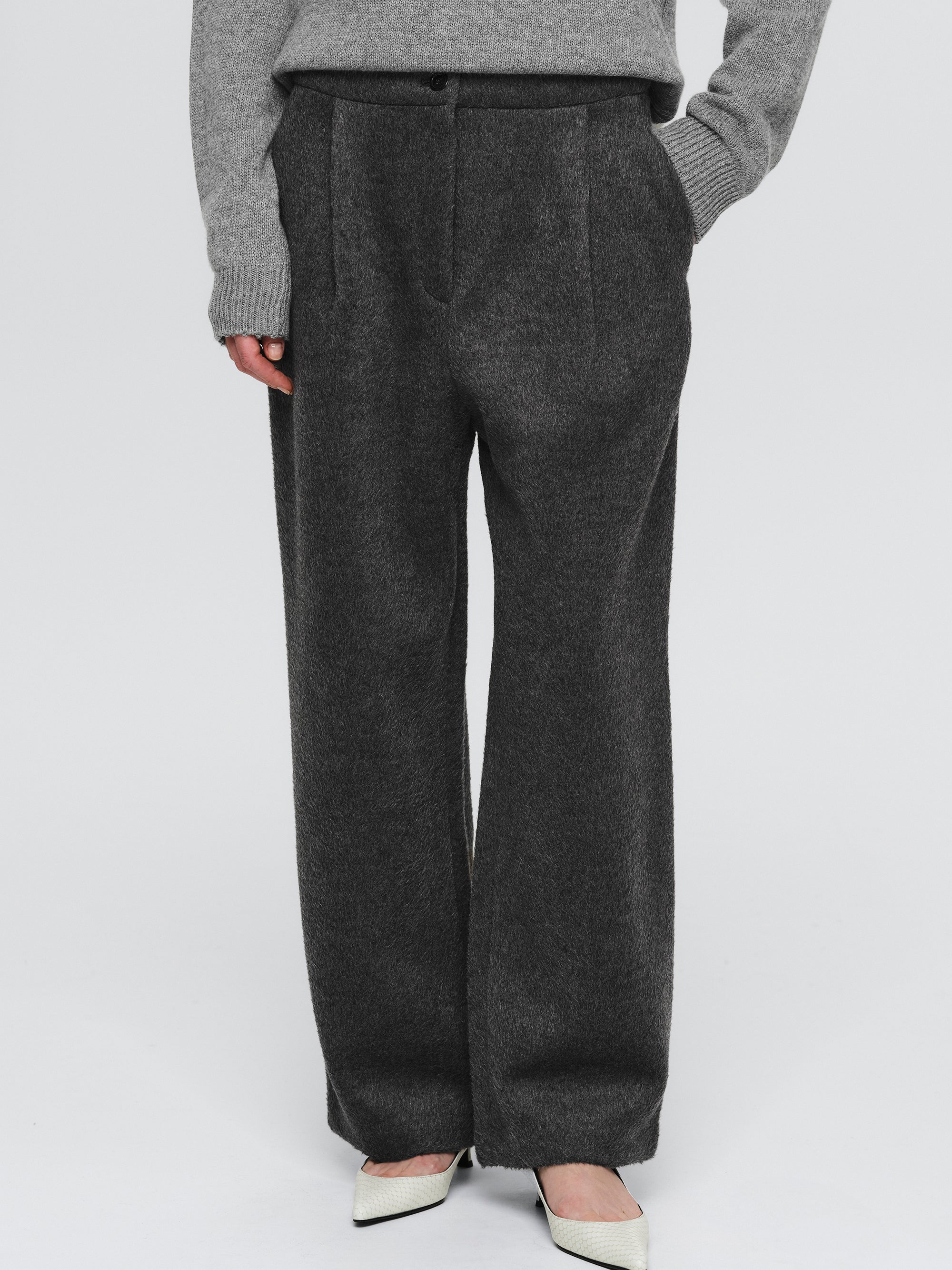 Brushed Wide Trousers, Charcoal