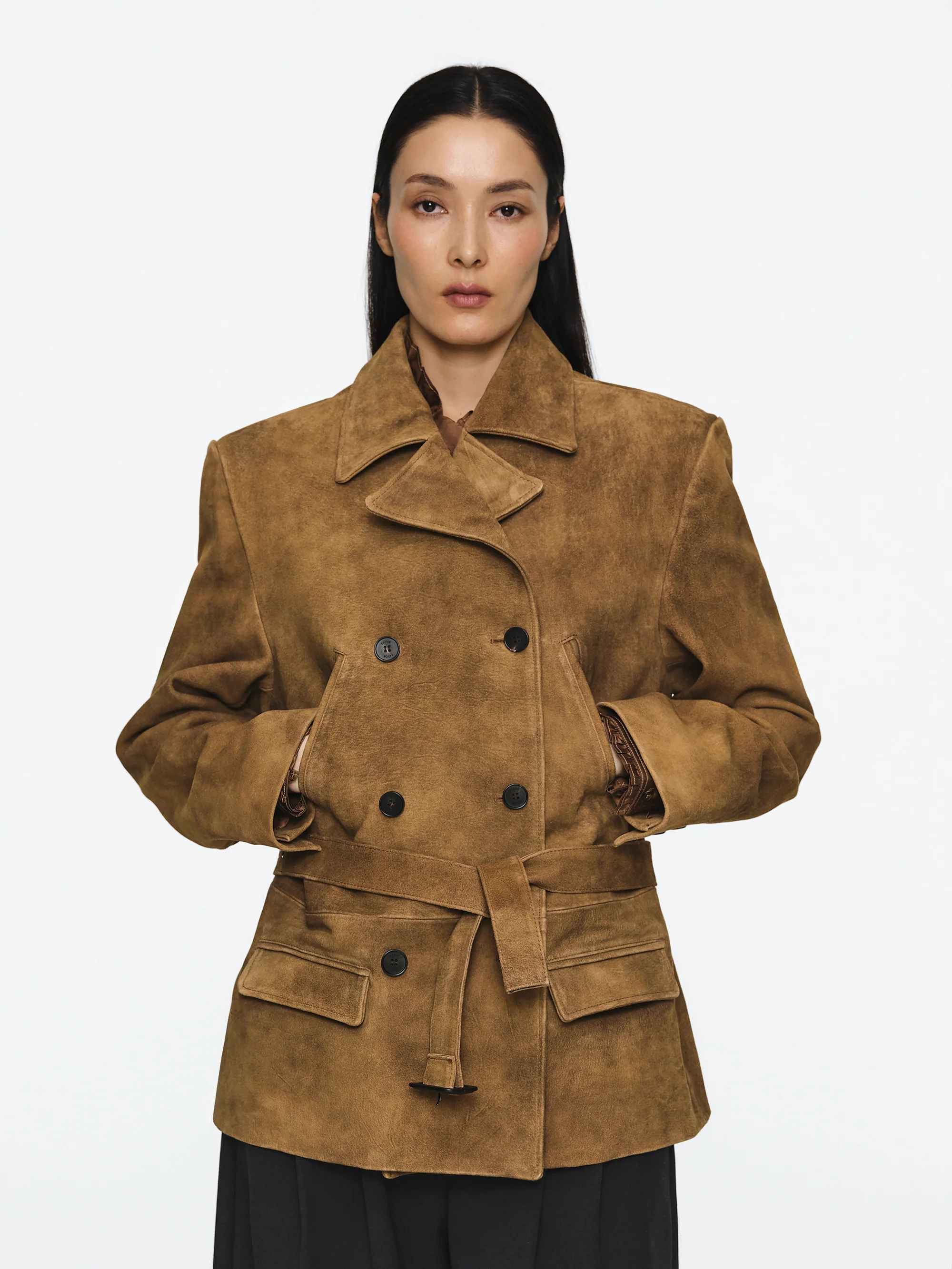 Burnished Suede Short Jacket, Camel