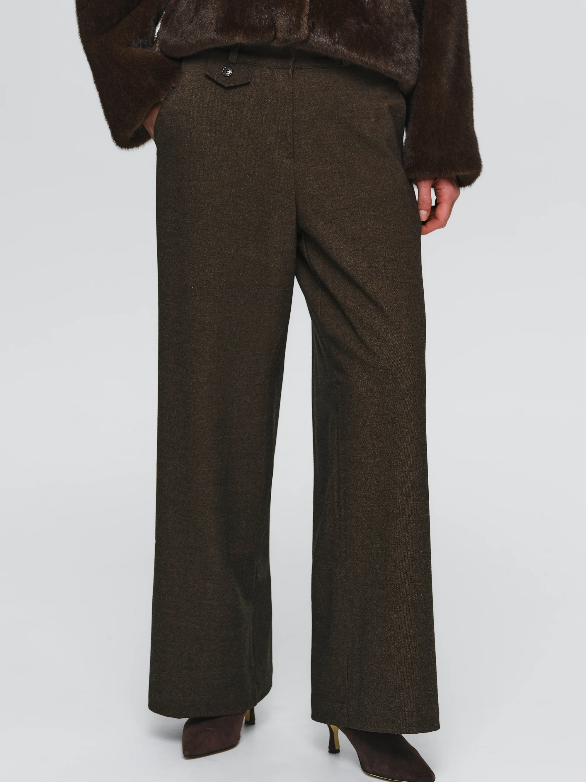 Button Tab Trousers, Brown