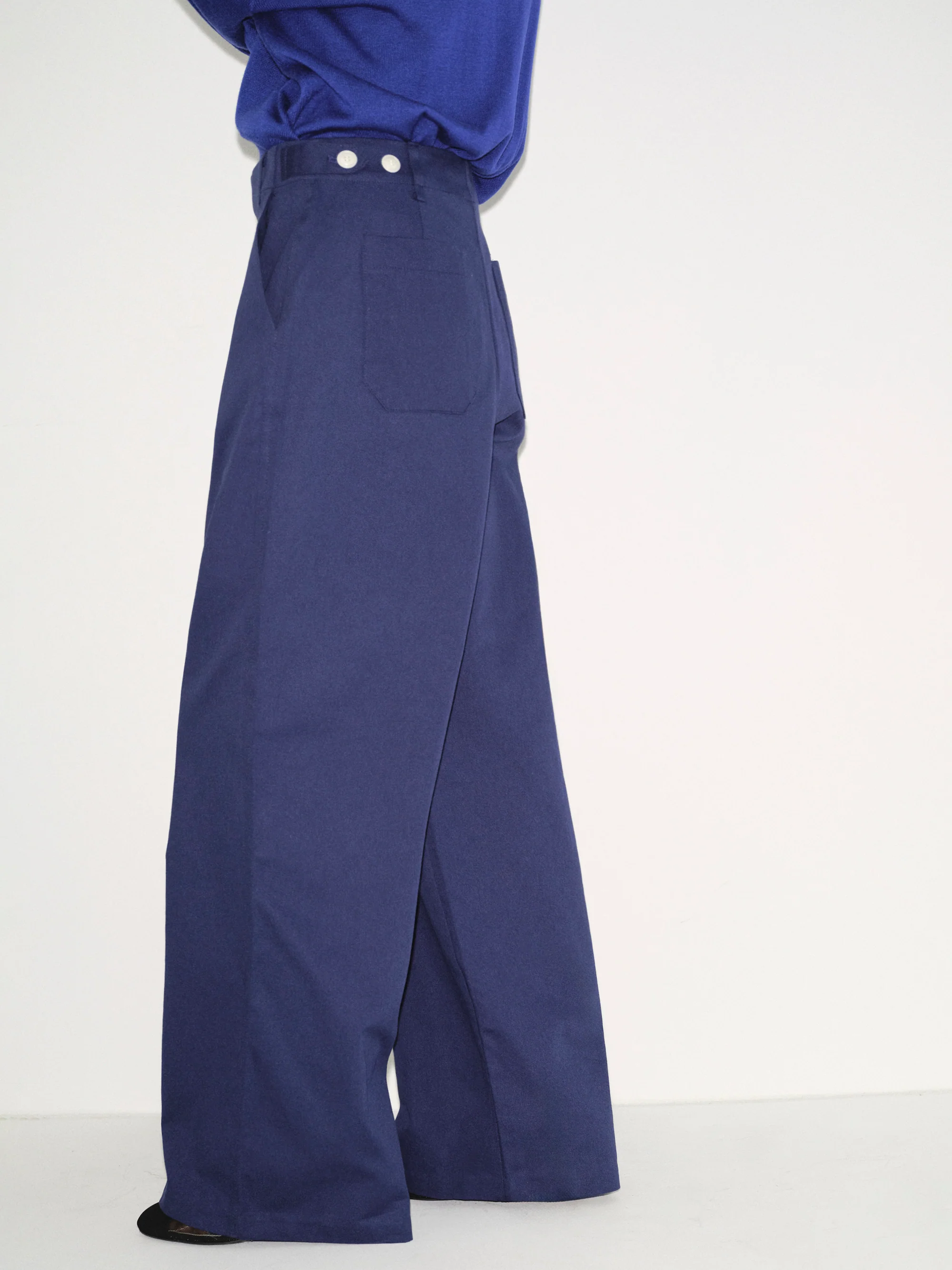Buttoned Hem Cotton Pants, Navy - Image 3