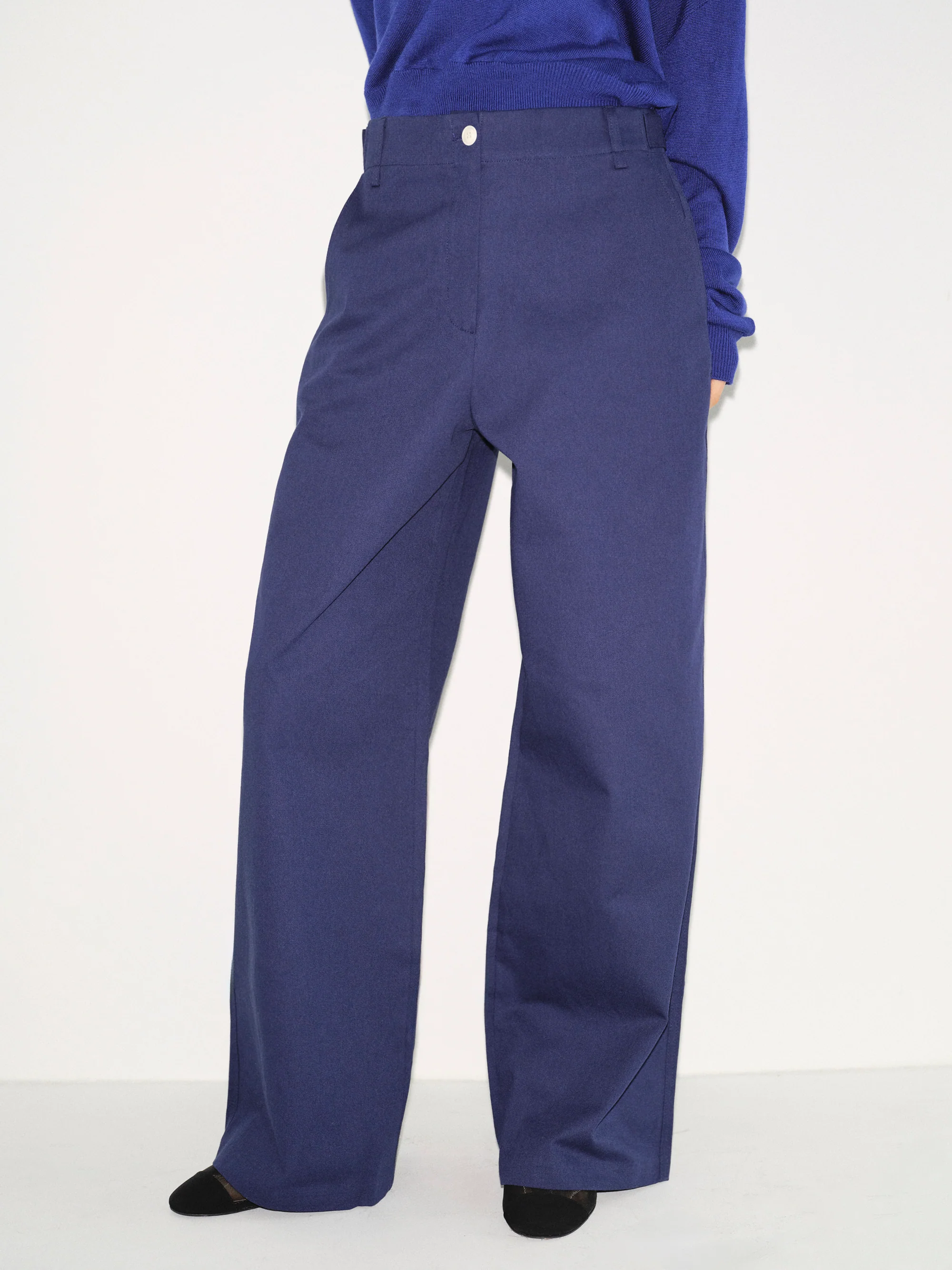 Buttoned Hem Cotton Pants, Navy - Image 4