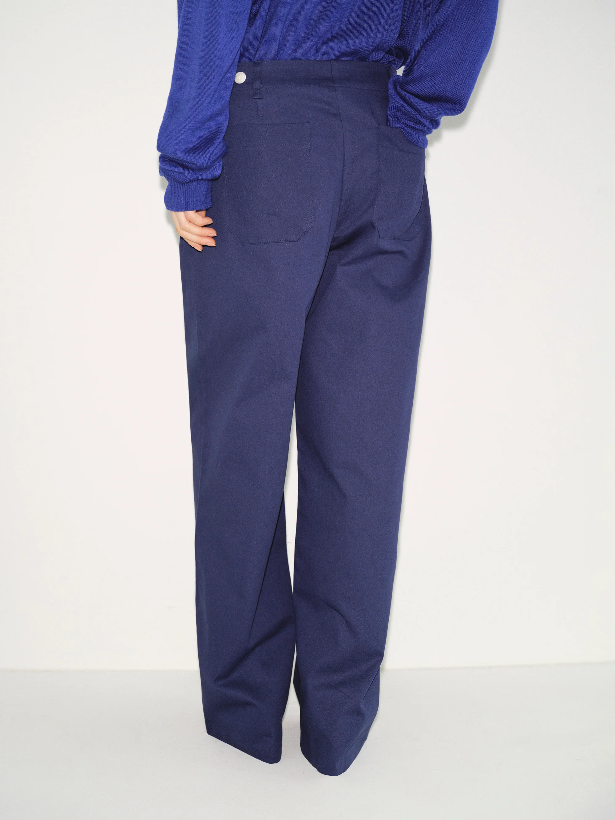 Buttoned Hem Cotton Pants, Navy - Image 5