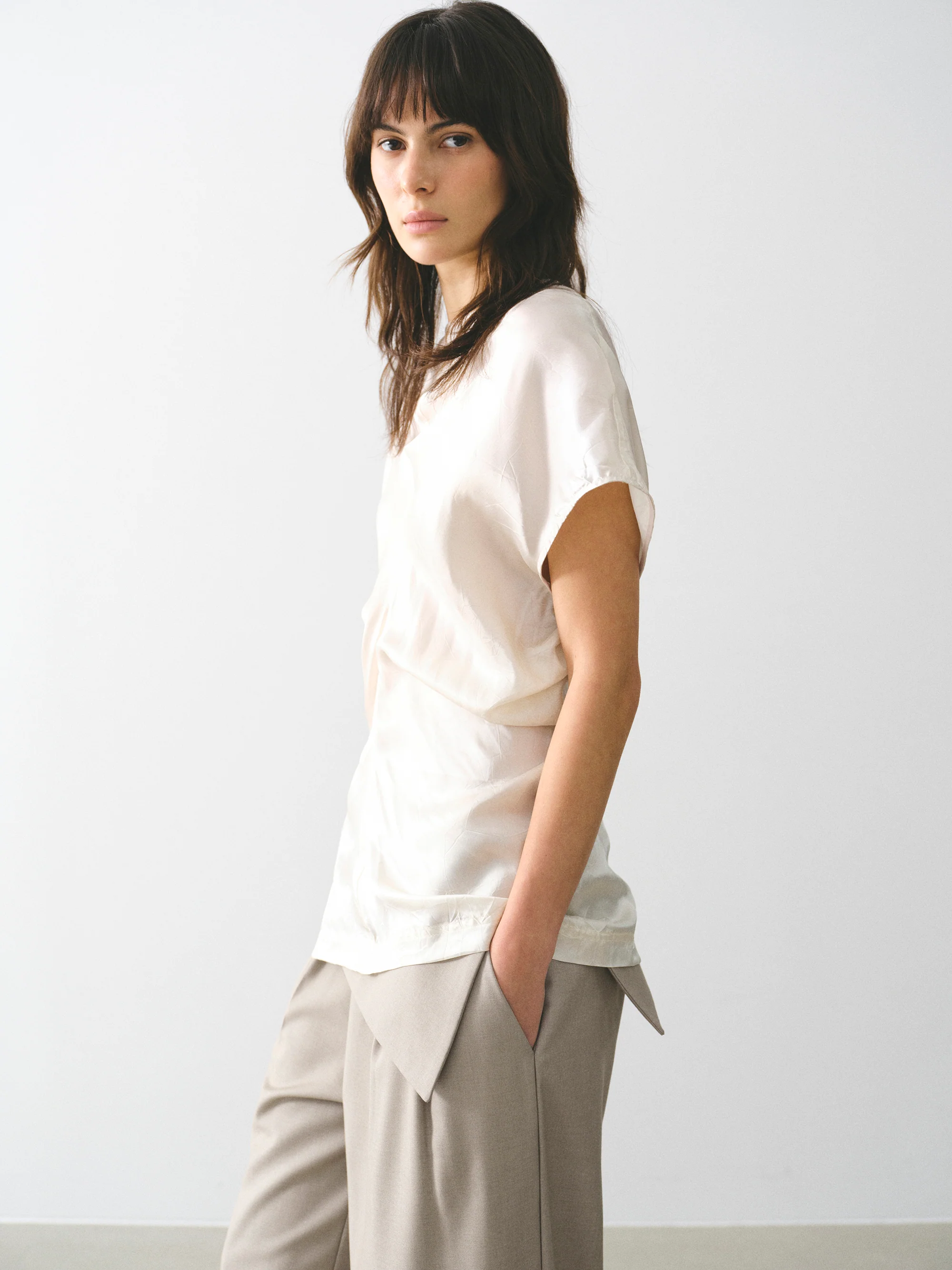 Caliga Slouch Waist Satin Top, Ivory - Image 3