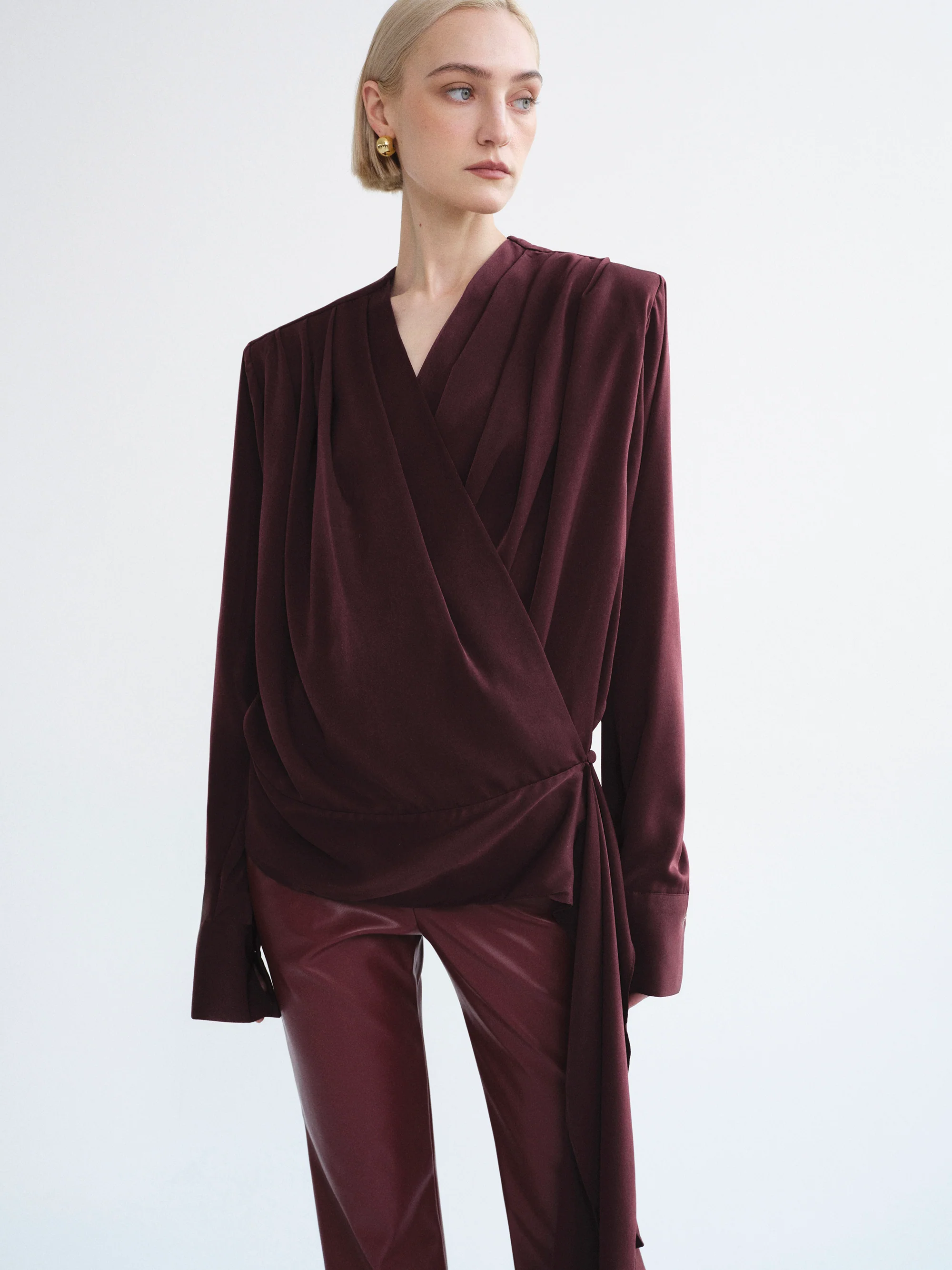 Callen Draped Satin Blouse, Burgundy
