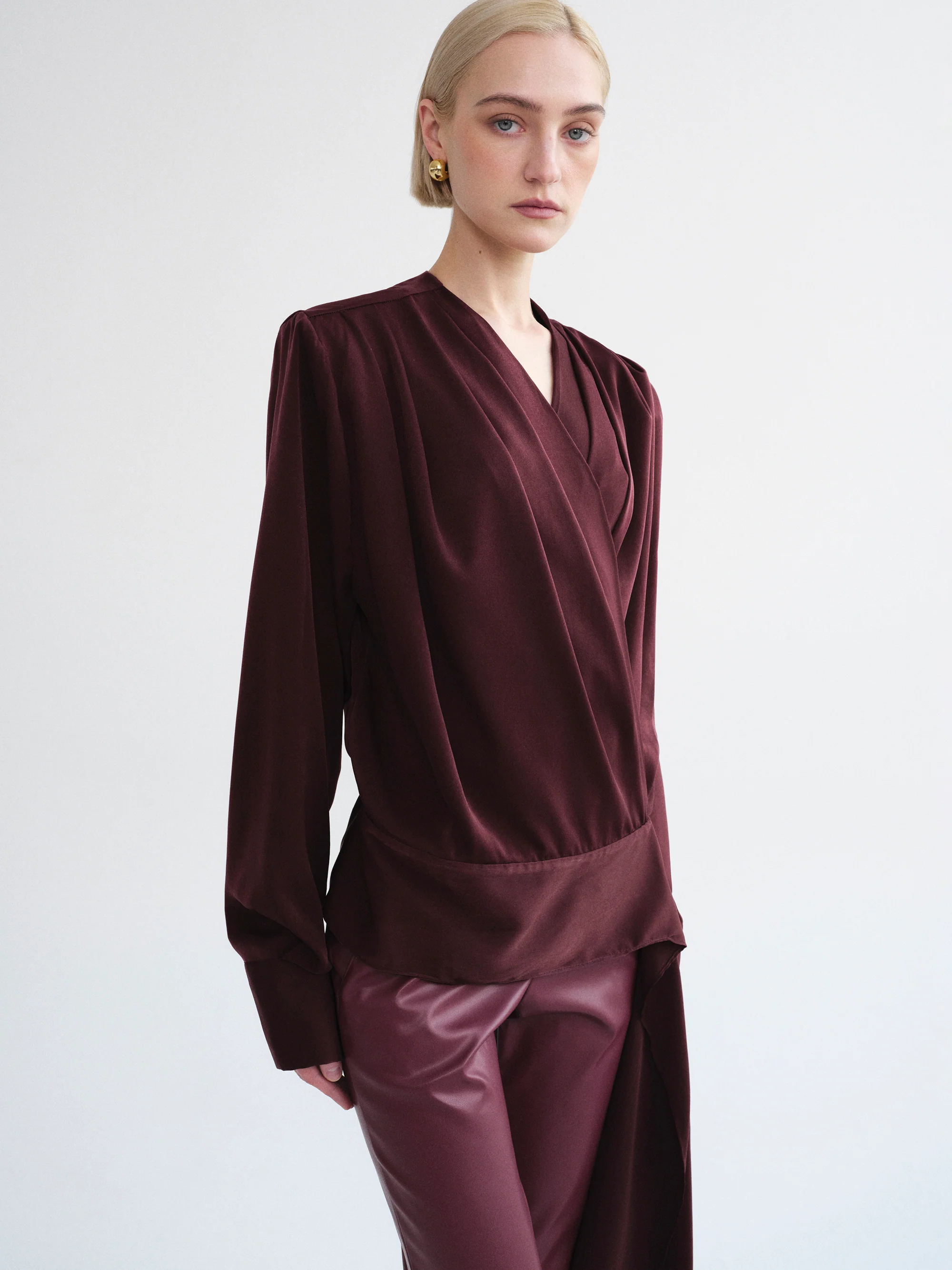 Callen Draped Satin Blouse, Burgundy - Image 2
