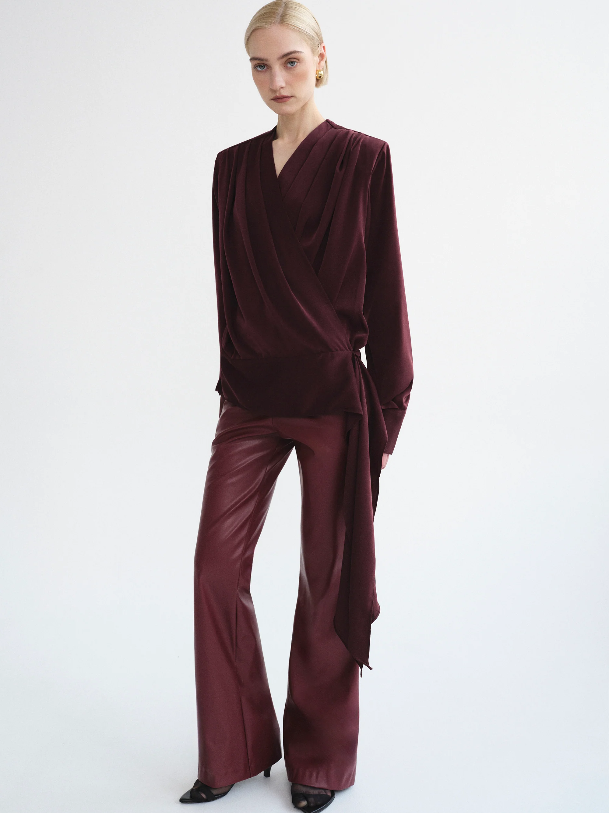 Callen Draped Satin Blouse, Burgundy - Image 3