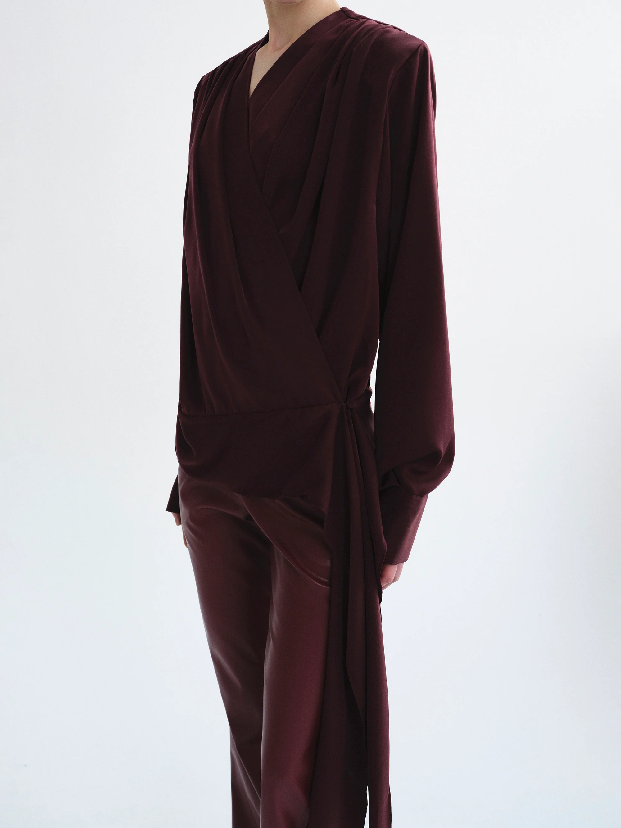 Callen Draped Satin Blouse, Burgundy - Image 4