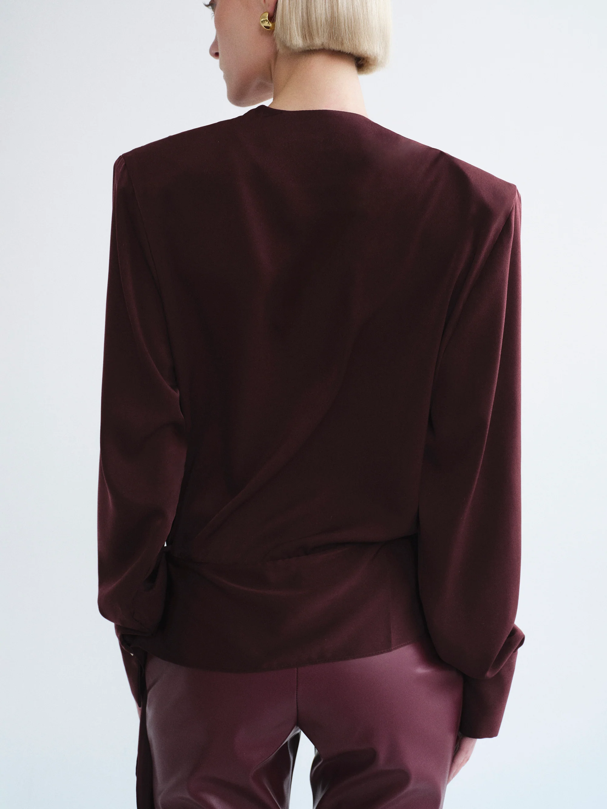 Callen Draped Satin Blouse, Burgundy - Image 5