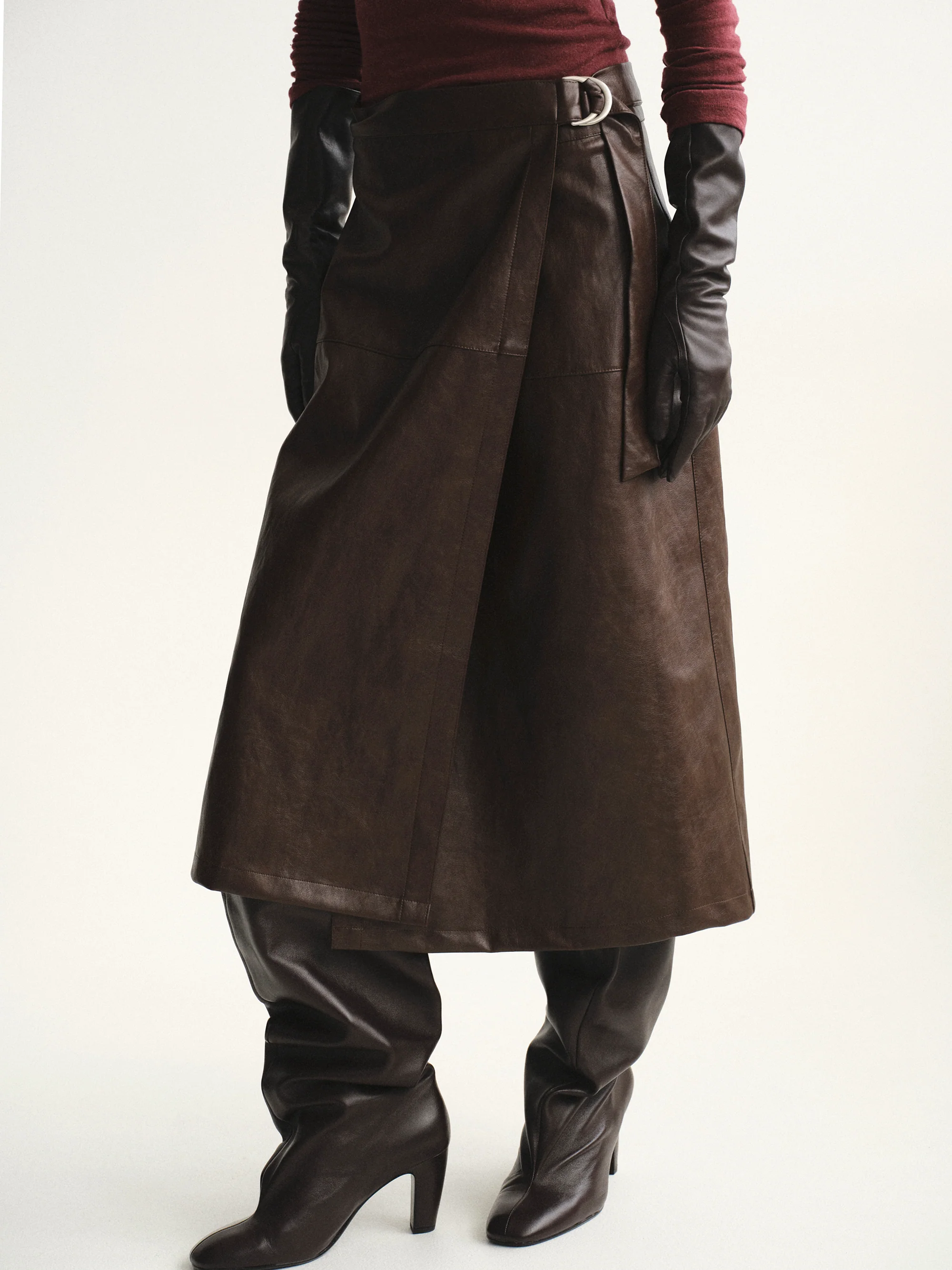 Cinch Belt Faux-Leather Skirt, Brown