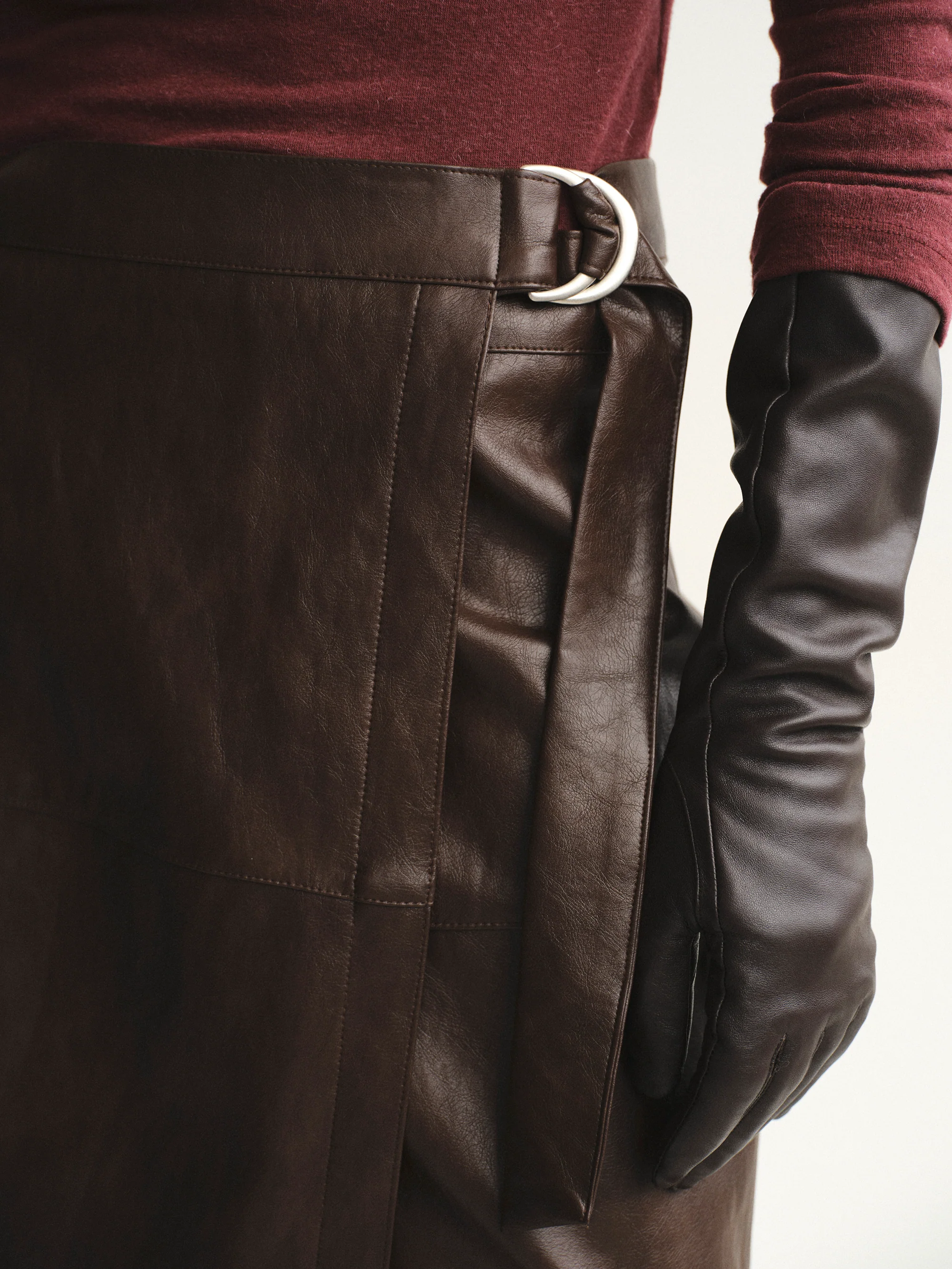 Cinch Belt Faux-Leather Skirt, Brown - Image 3
