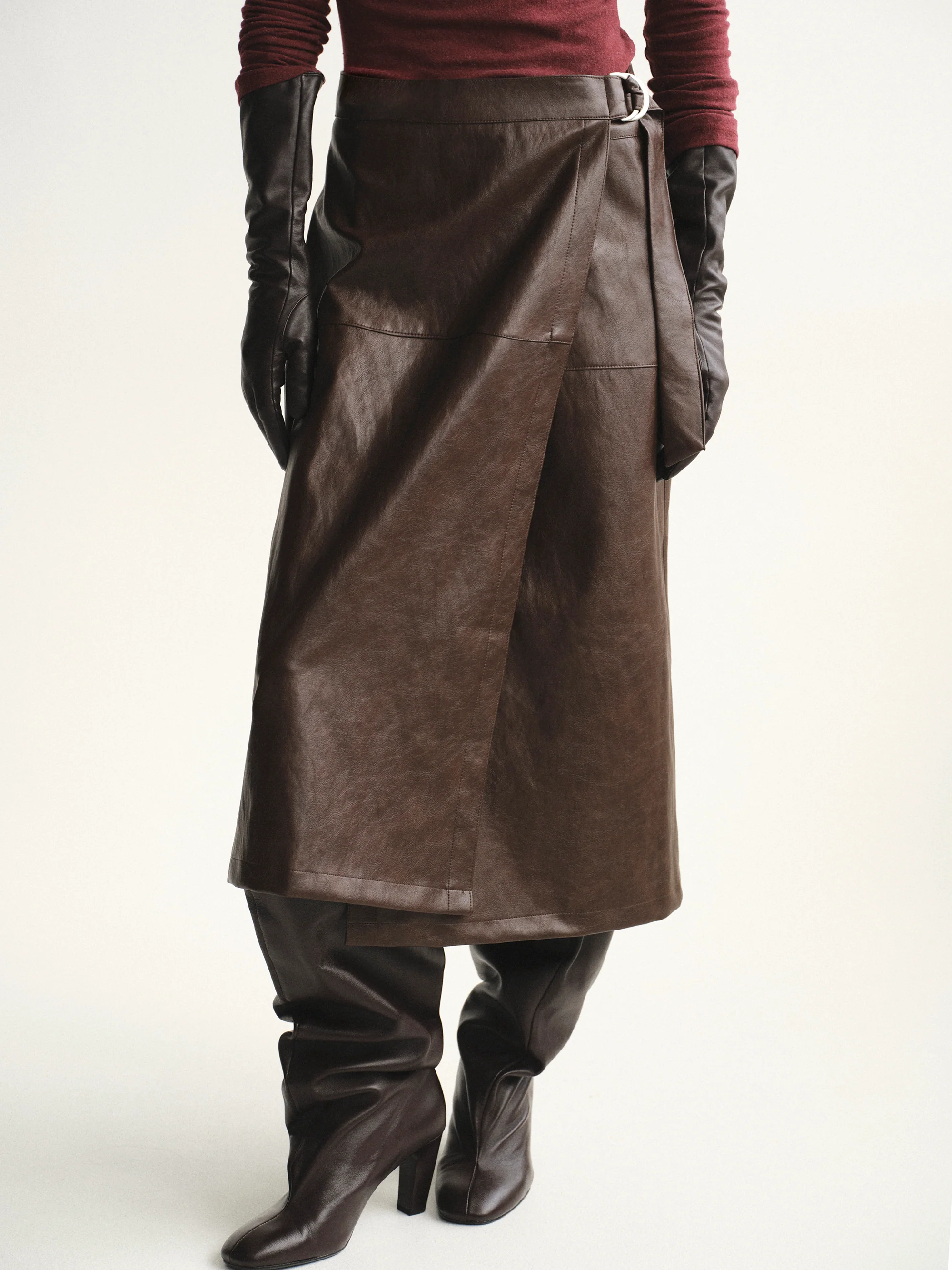 Cinch Belt Faux-Leather Skirt, Brown - Image 4