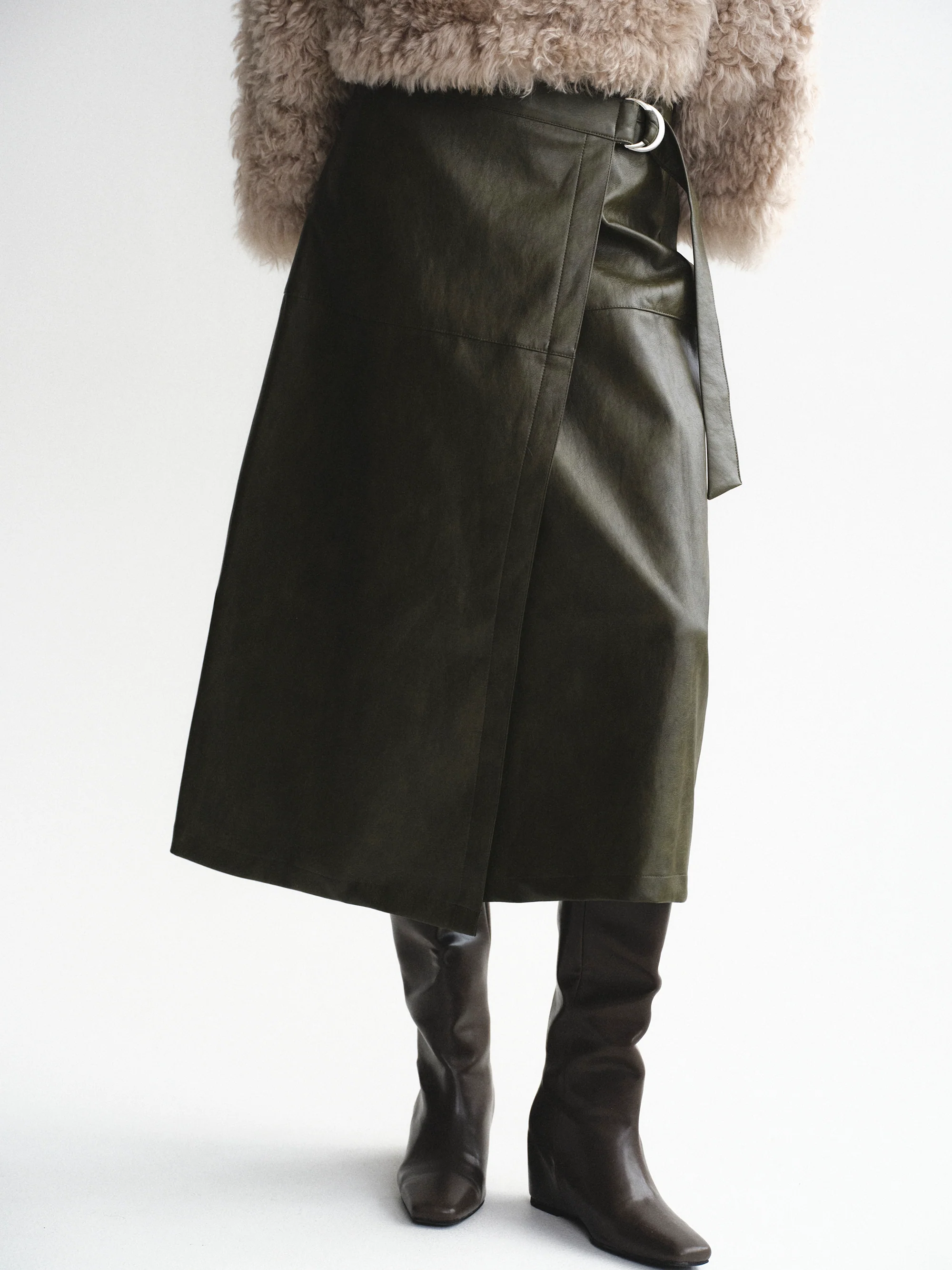 Cinch Belt Faux-Leather Skirt, Olive