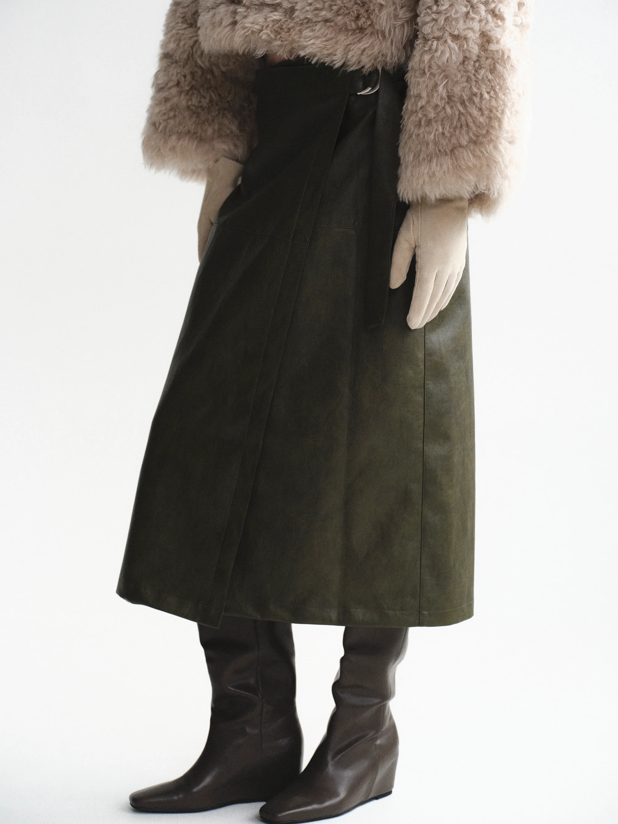Cinch Belt Faux-Leather Skirt, Olive - Image 4