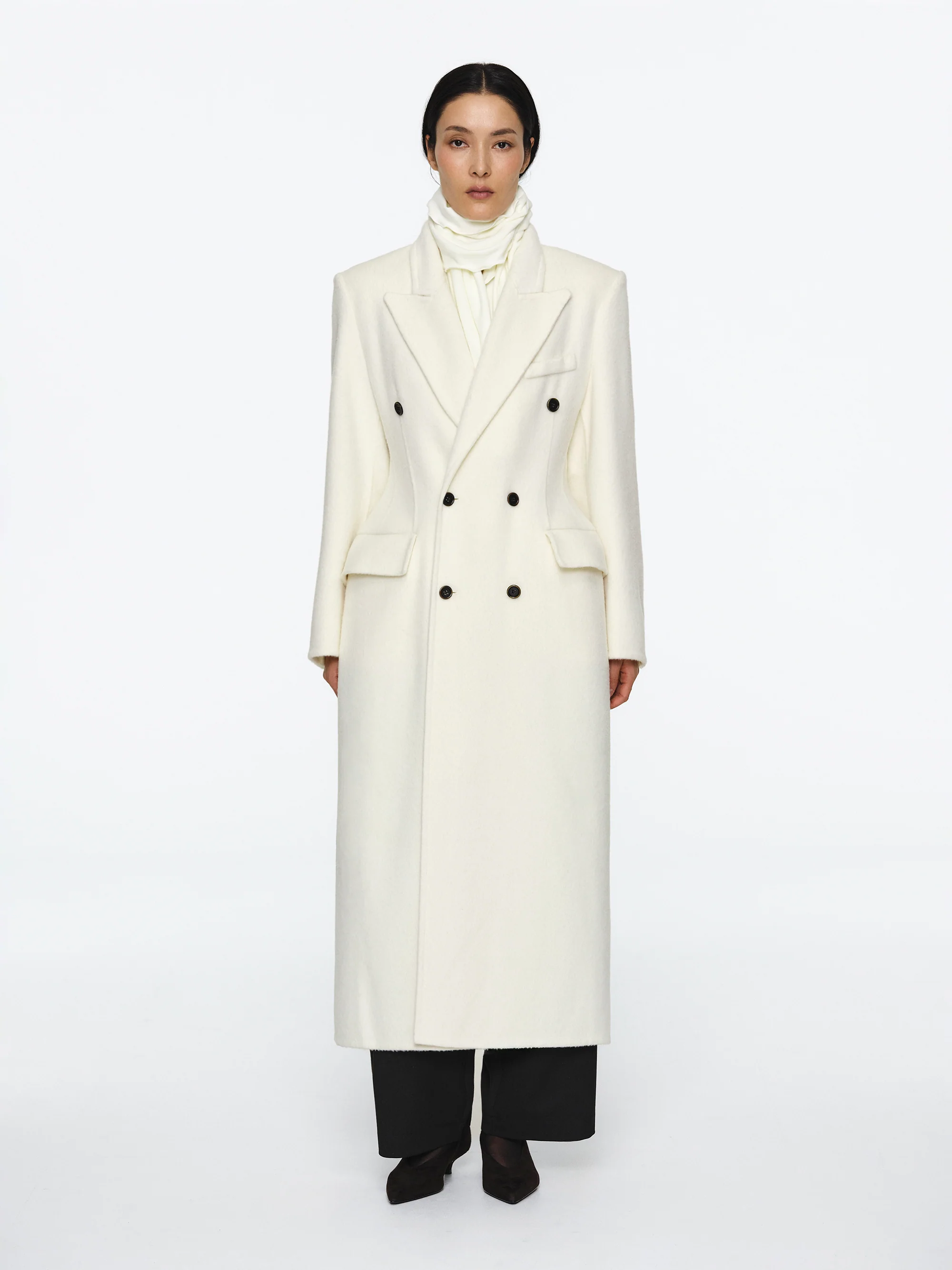 Cinched Double Breasted Long Coat, White