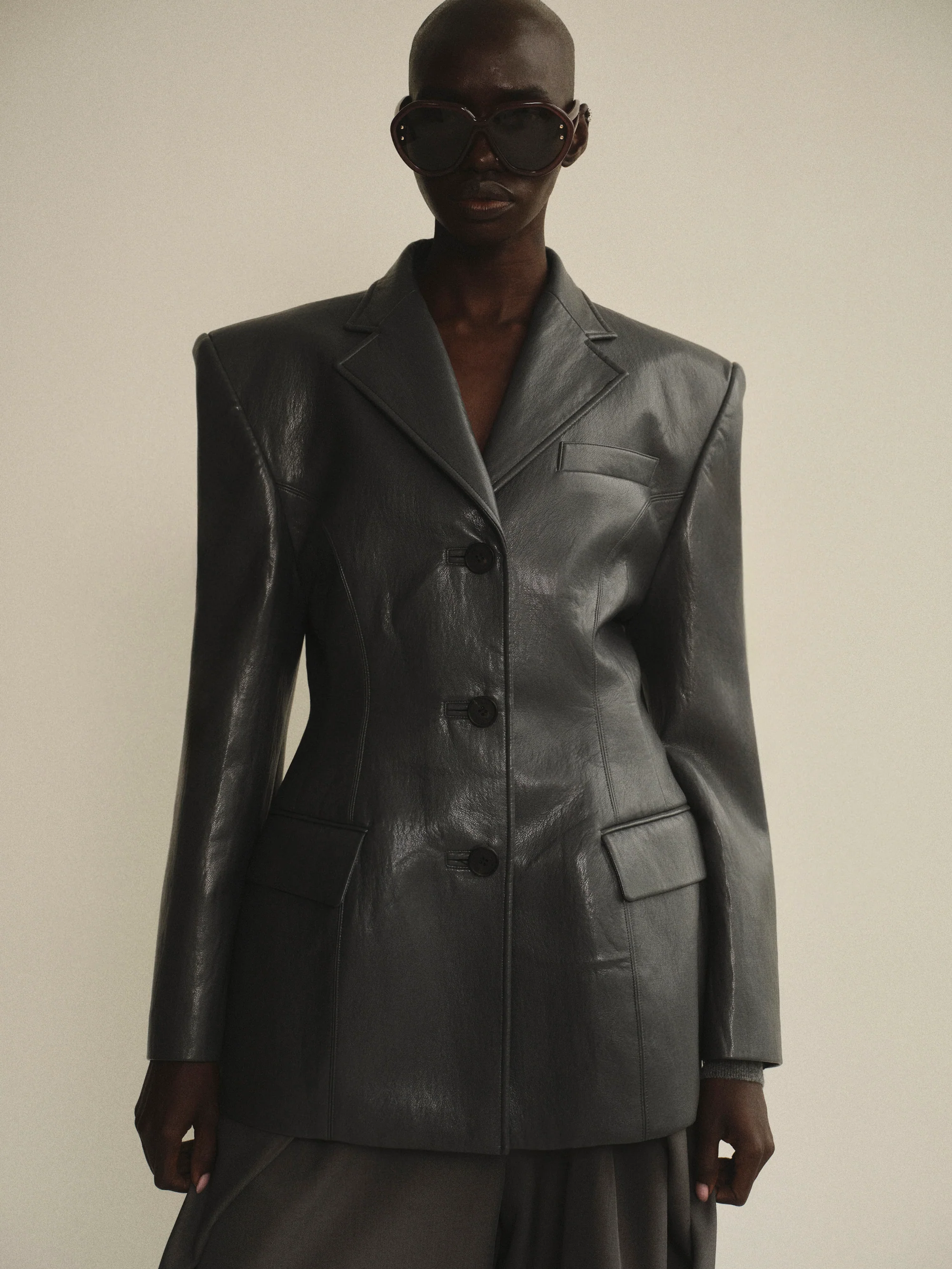 Cinched Faux-Leather Blazer, Graphite
