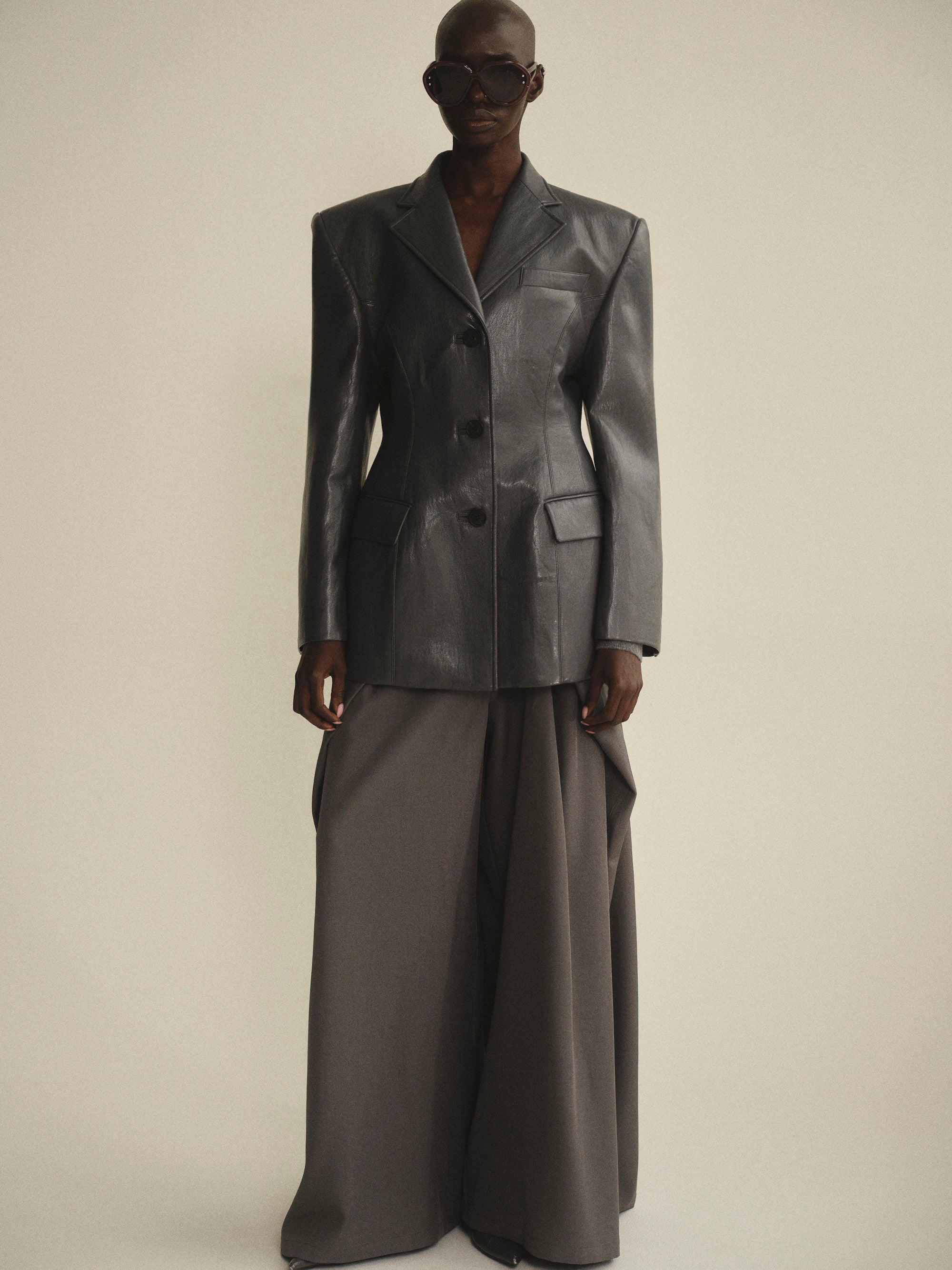 Cinched Faux-Leather Blazer, Graphite - Image 2