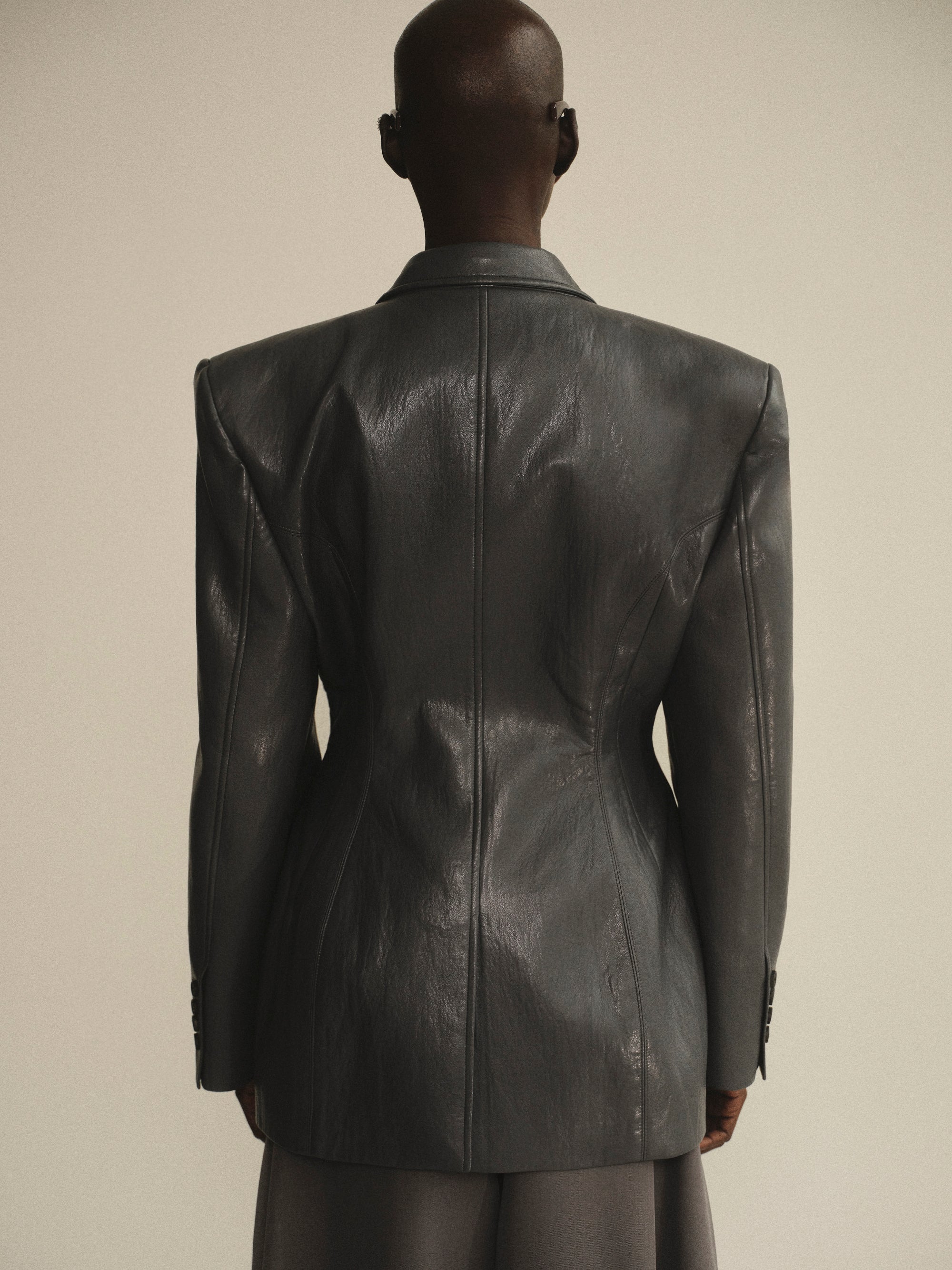 Cinched Faux-Leather Blazer, Graphite - Image 4
