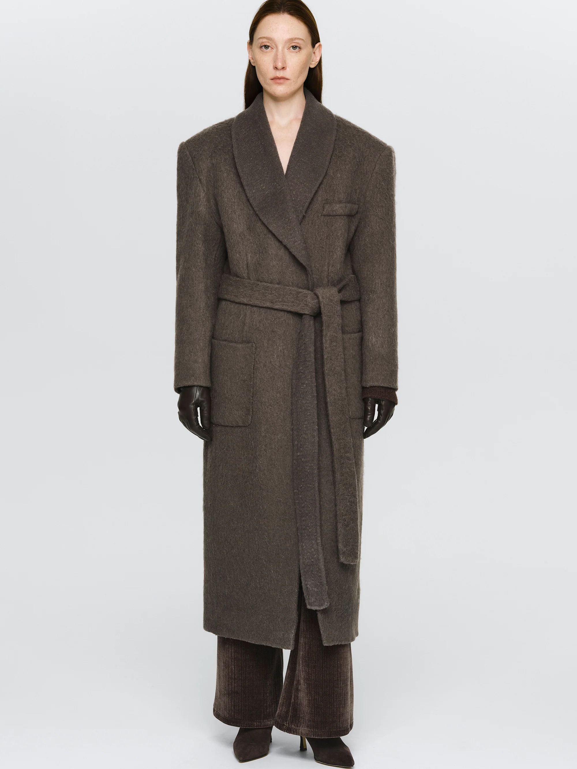 Cinched Robe Long Coat, Brown
