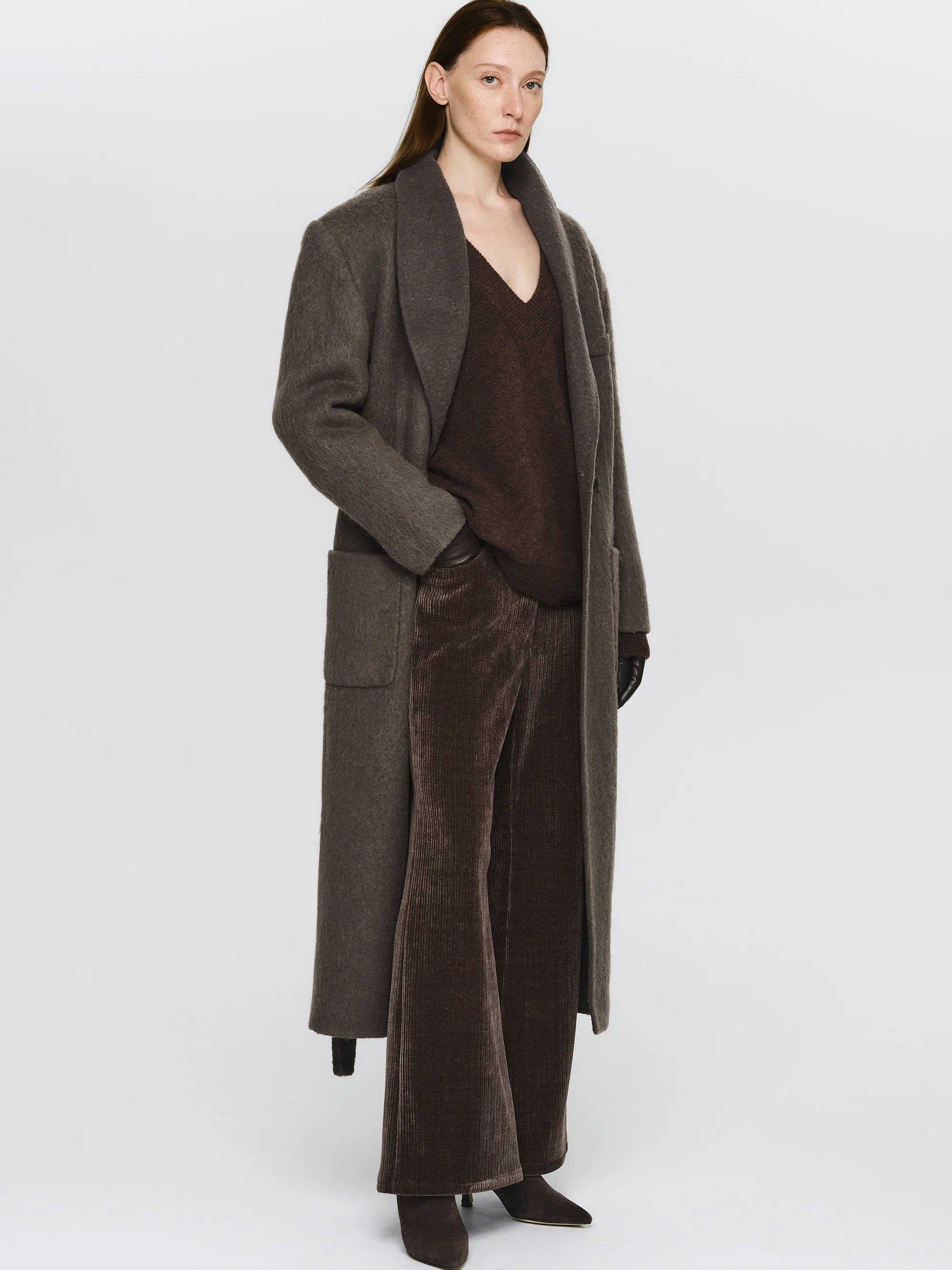Cinched Robe Long Coat, Brown - Image 3