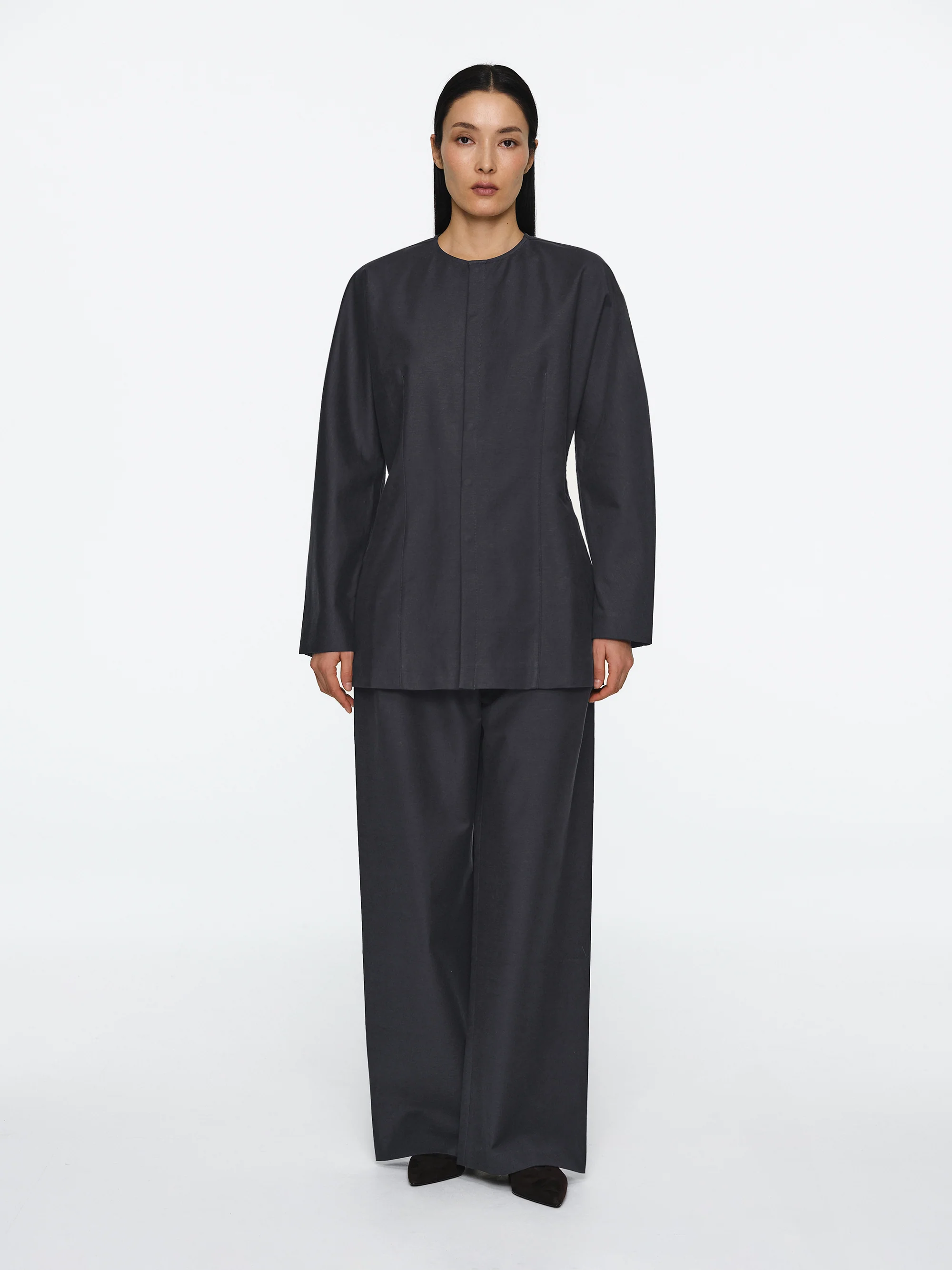 Collarless Cinched Jacket, Charcoal
