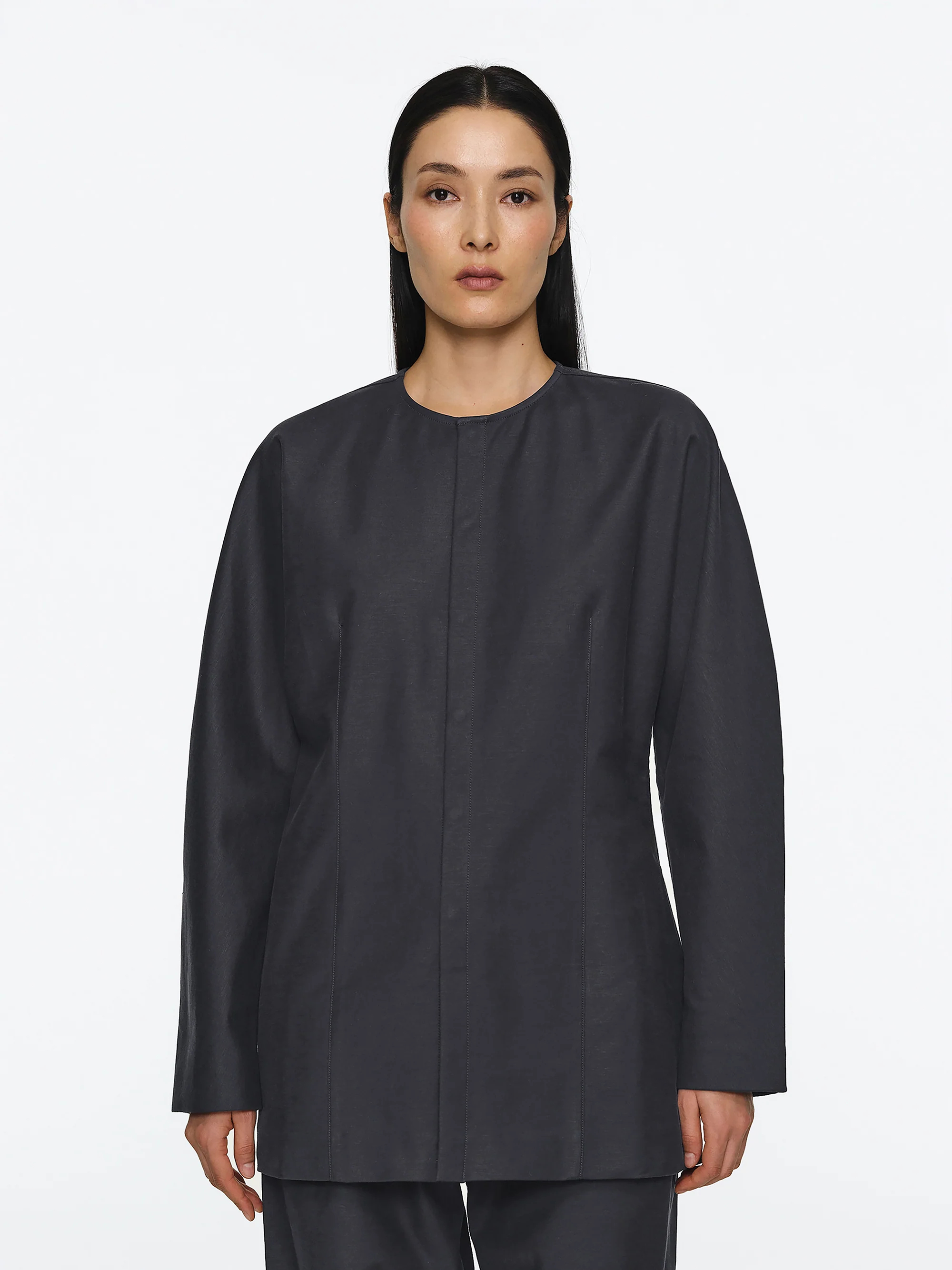 Collarless Cinched Jacket, Charcoal - Image 2