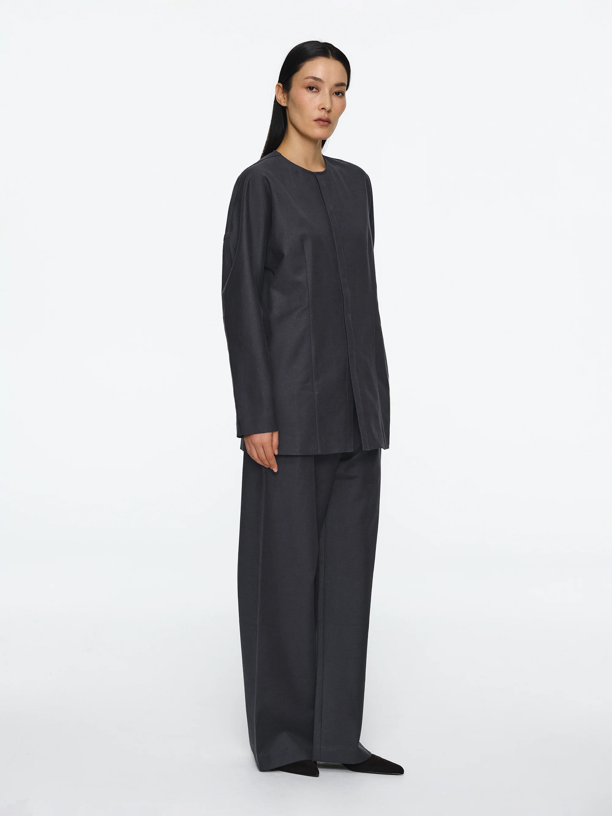 Collarless Cinched Jacket, Charcoal - Image 3