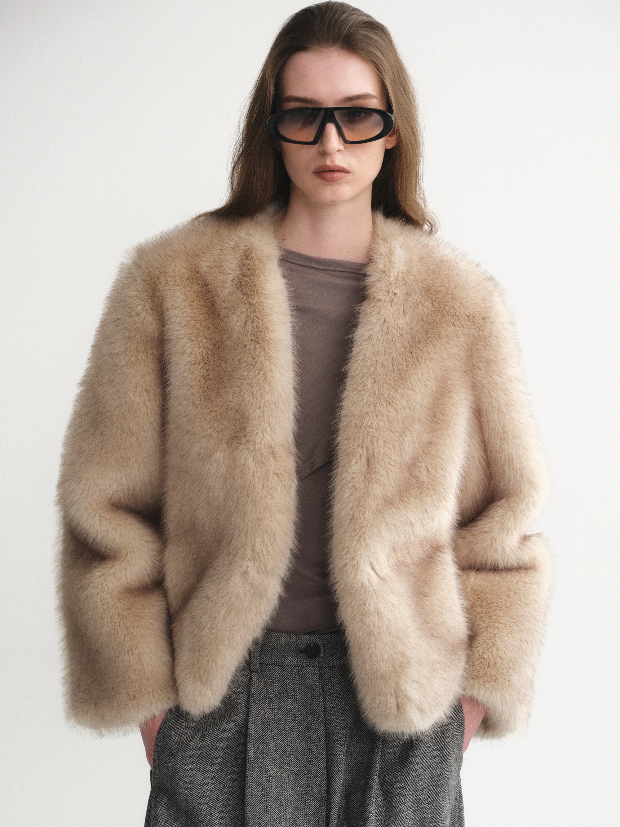 Collarless Faux-Fur Jacket, Natural - Image 2