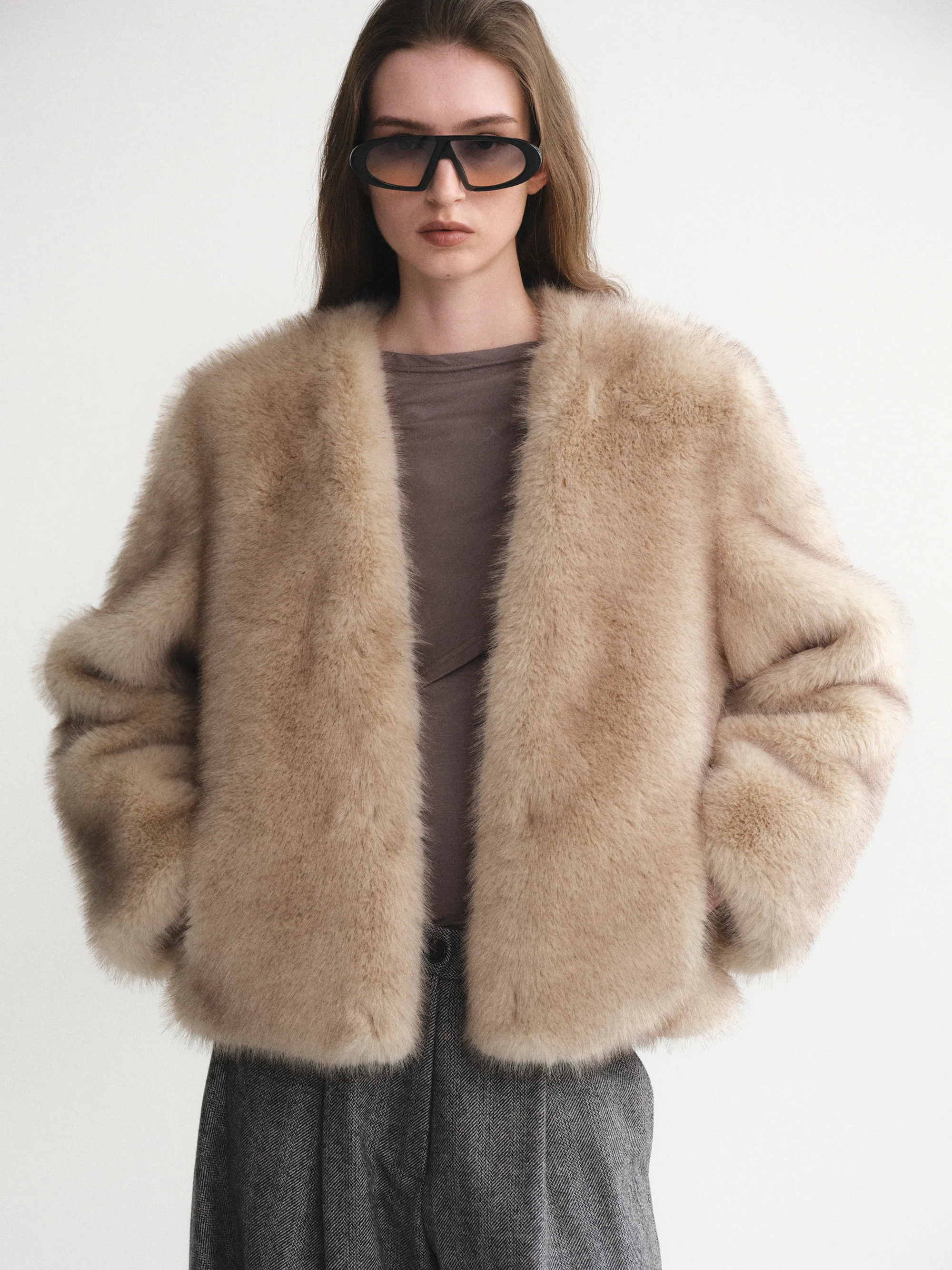 Collarless Faux-Fur Jacket, Natural - Image 3