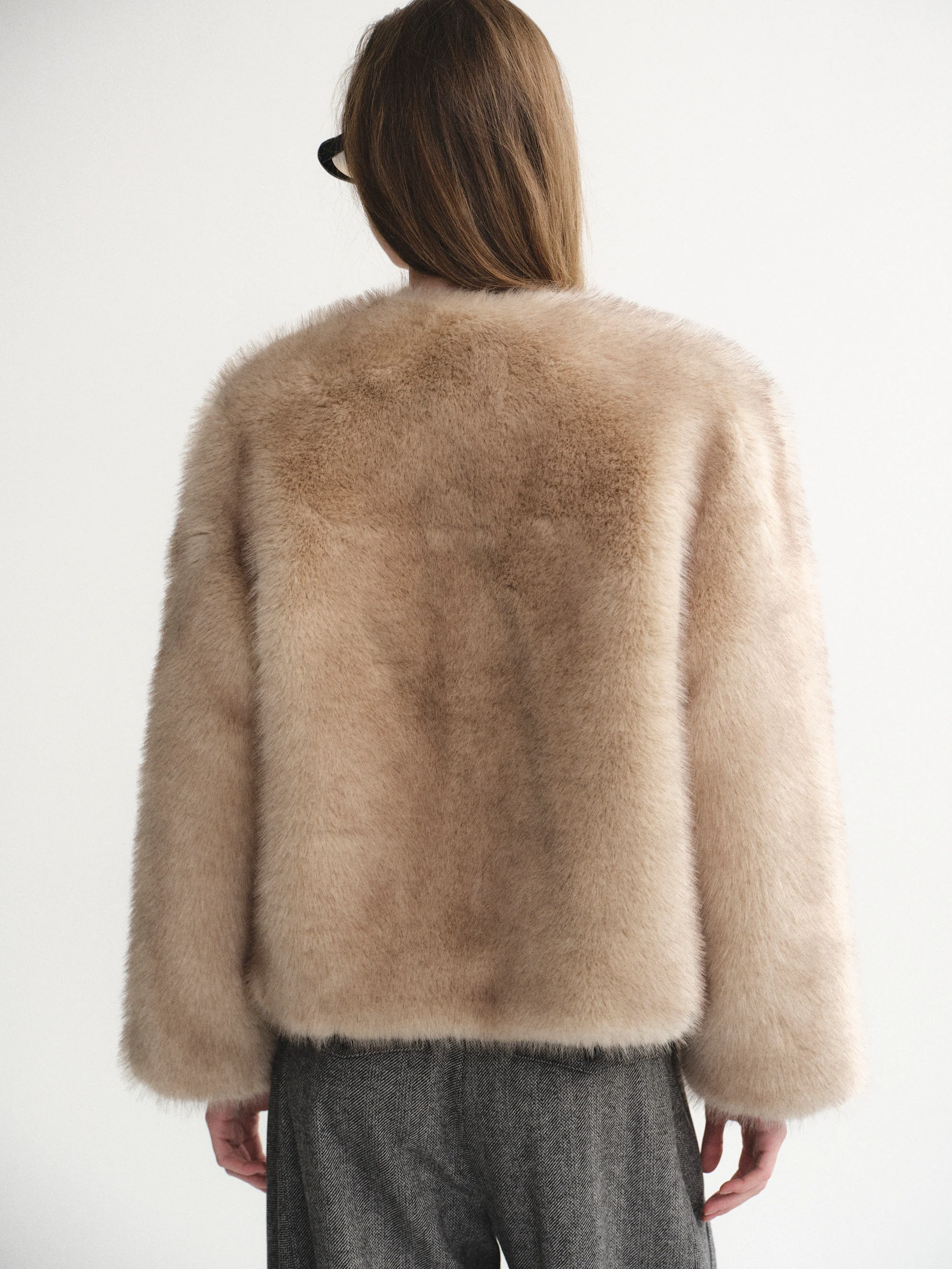 Collarless Faux-Fur Jacket, Natural - Image 5