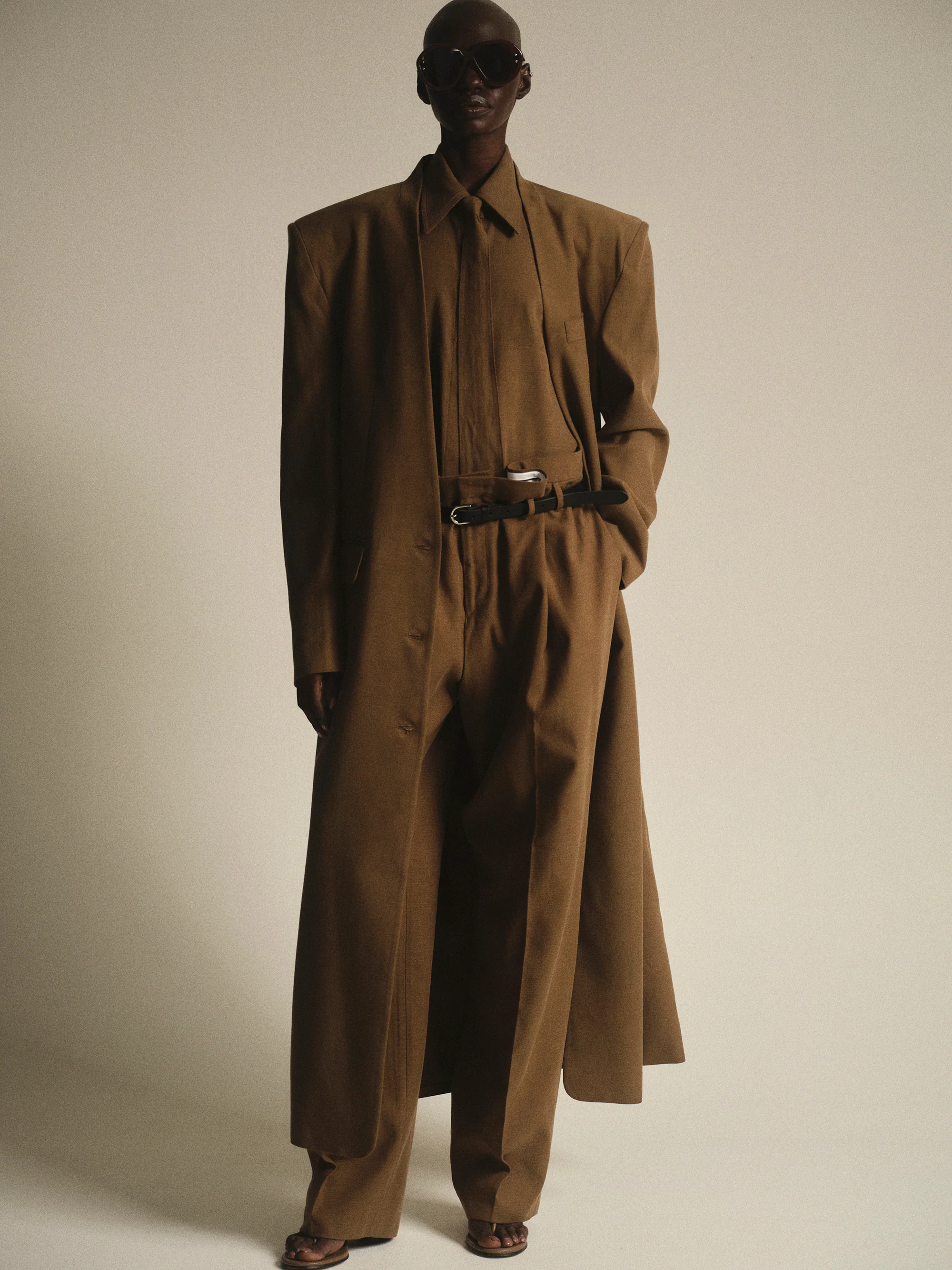 Collarless Maxi Coat, Brown