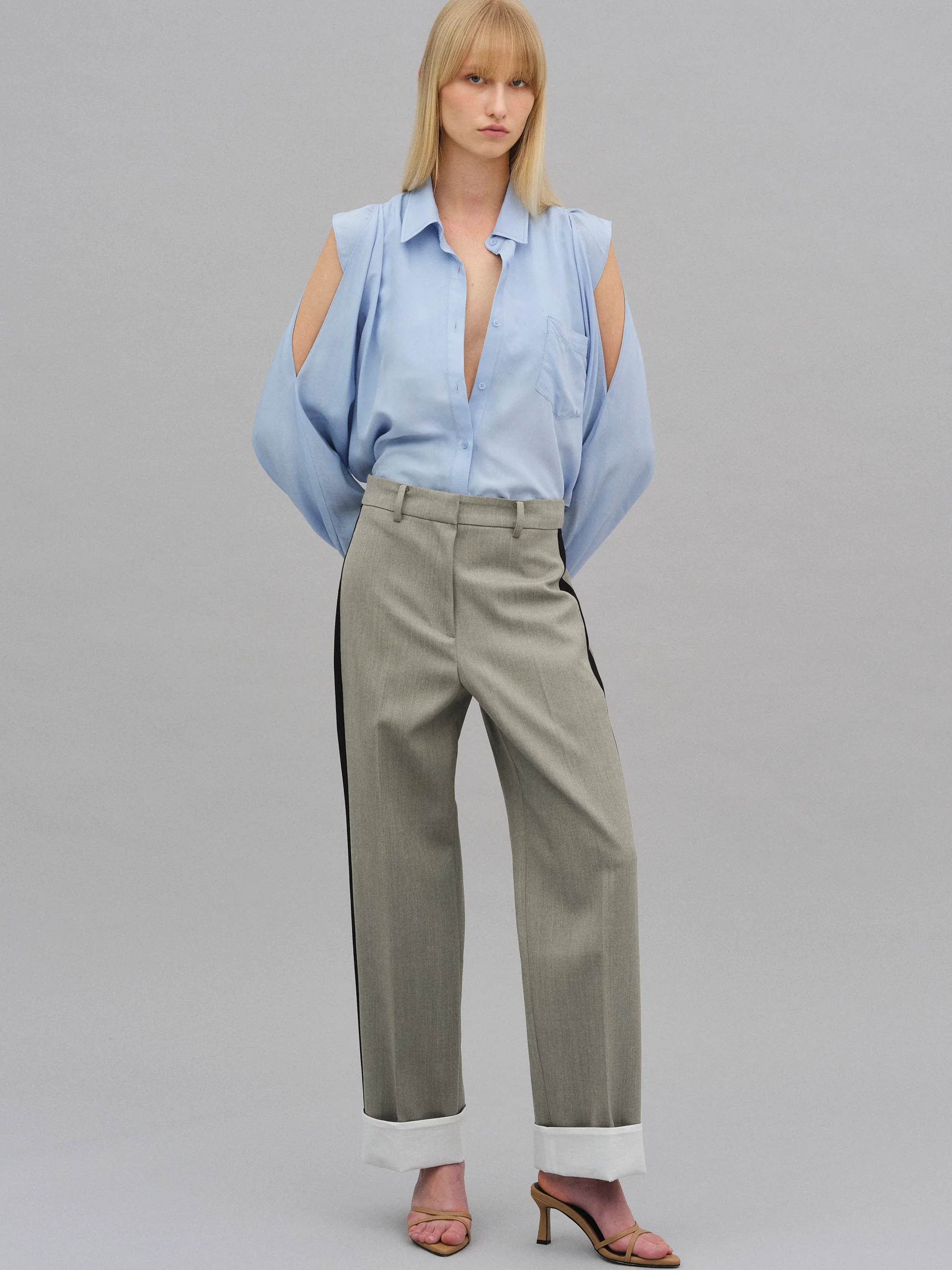 Colorblock Cuffed Trousers, Khaki - Image 3