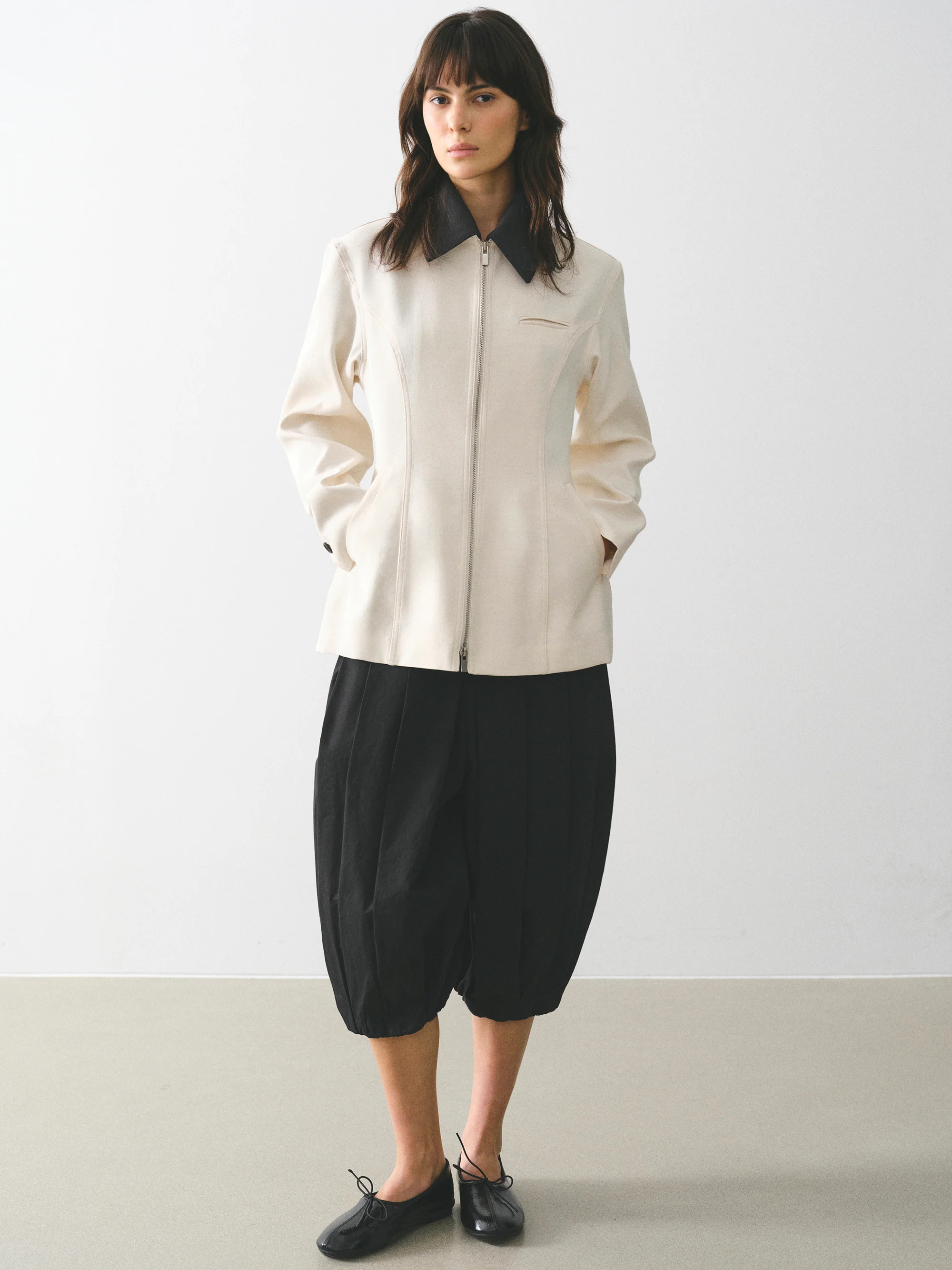 Contrast-Collar Zip Jacket, Ivory - Image 2