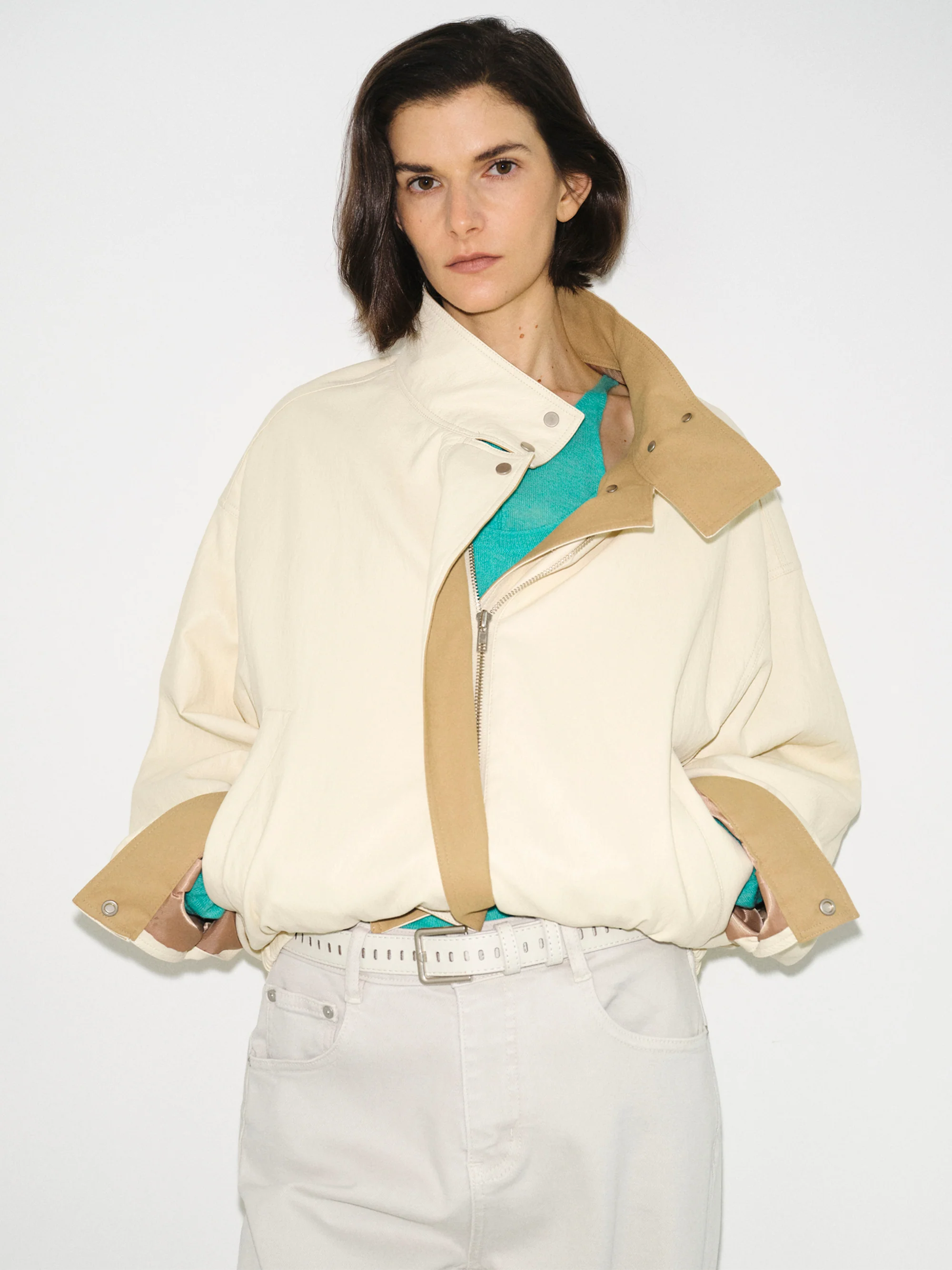 Contrast Panel Faux-Leather Jacket, Cream