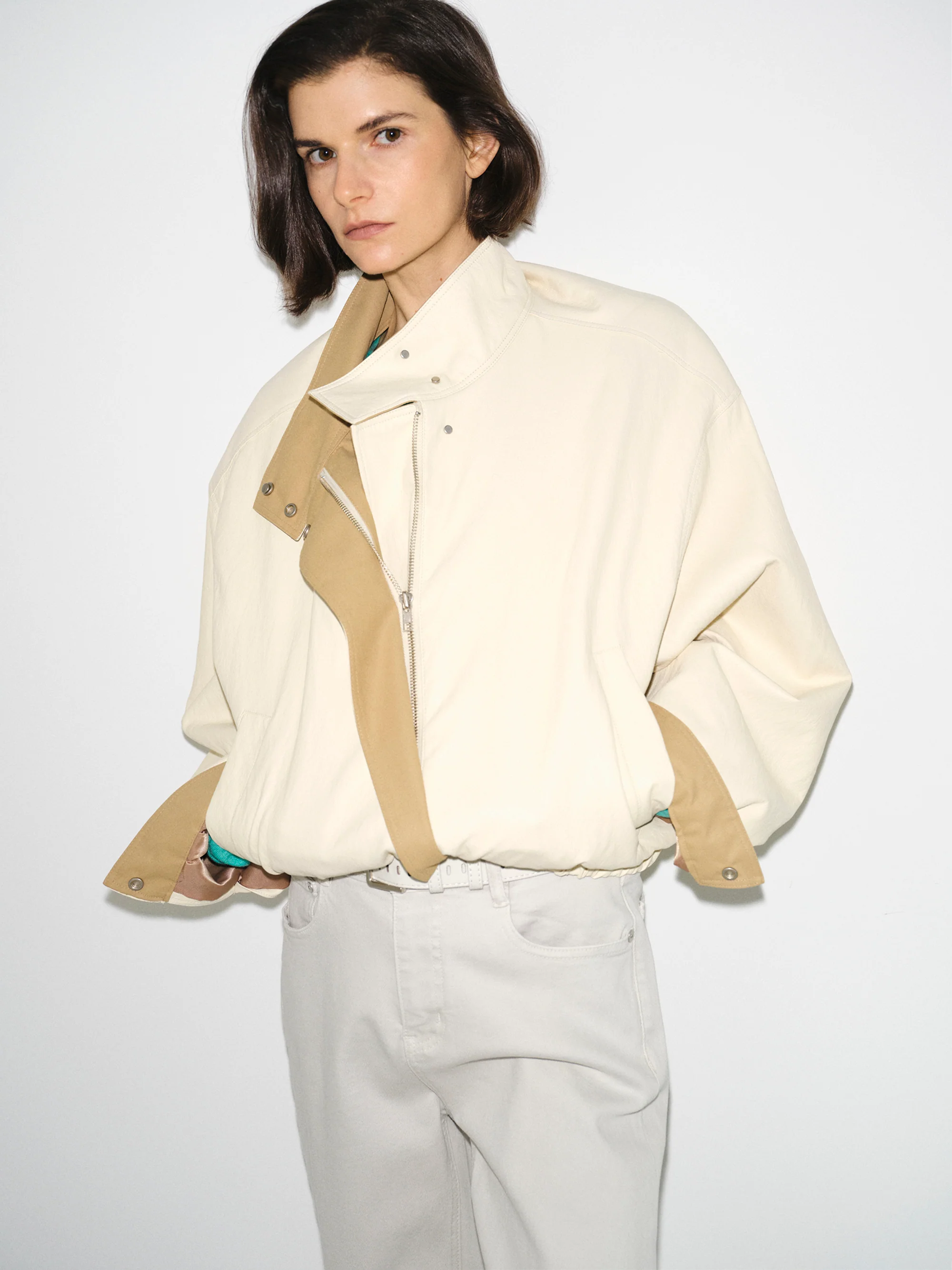 Contrast Panel Faux-Leather Jacket, Cream - Image 2