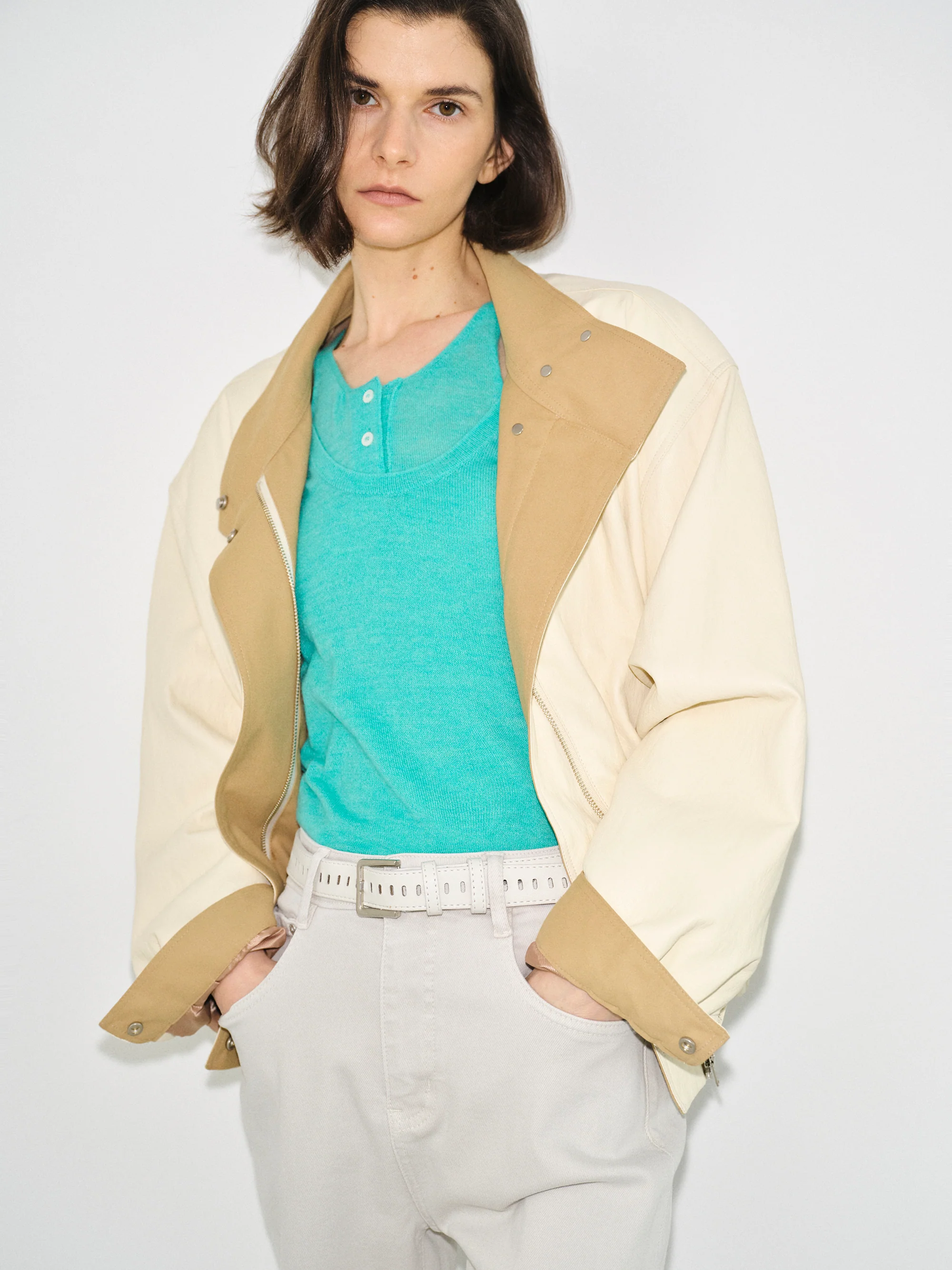 Contrast Panel Faux-Leather Jacket, Cream - Image 3