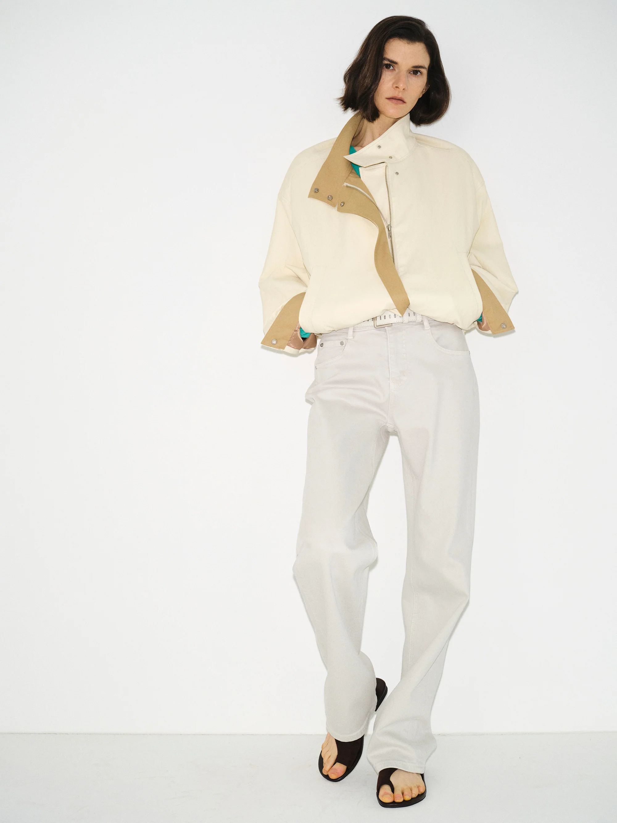 Contrast Panel Faux-Leather Jacket, Cream - Image 4