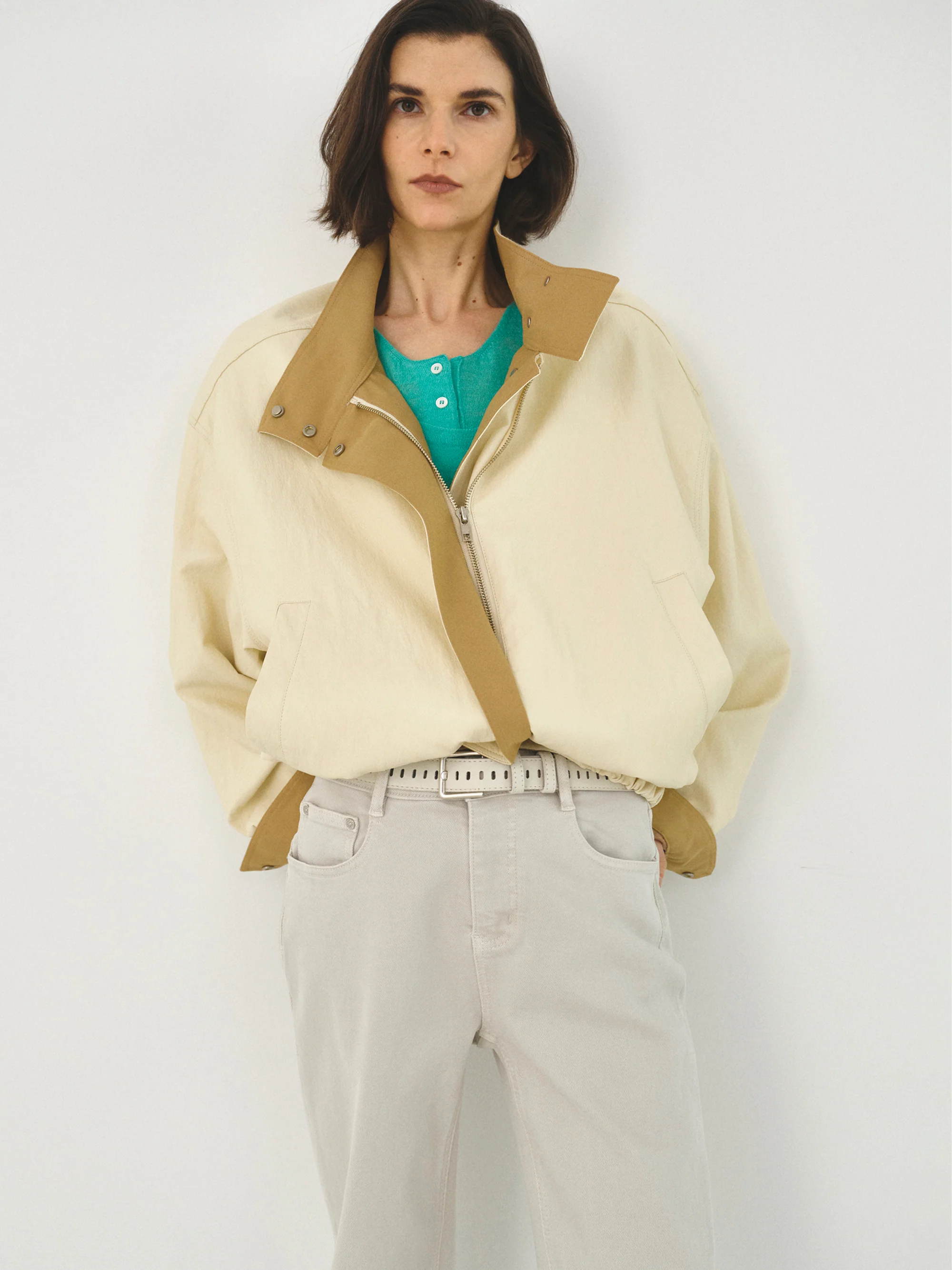 Contrast Panel Faux-Leather Jacket, Cream - Image 5
