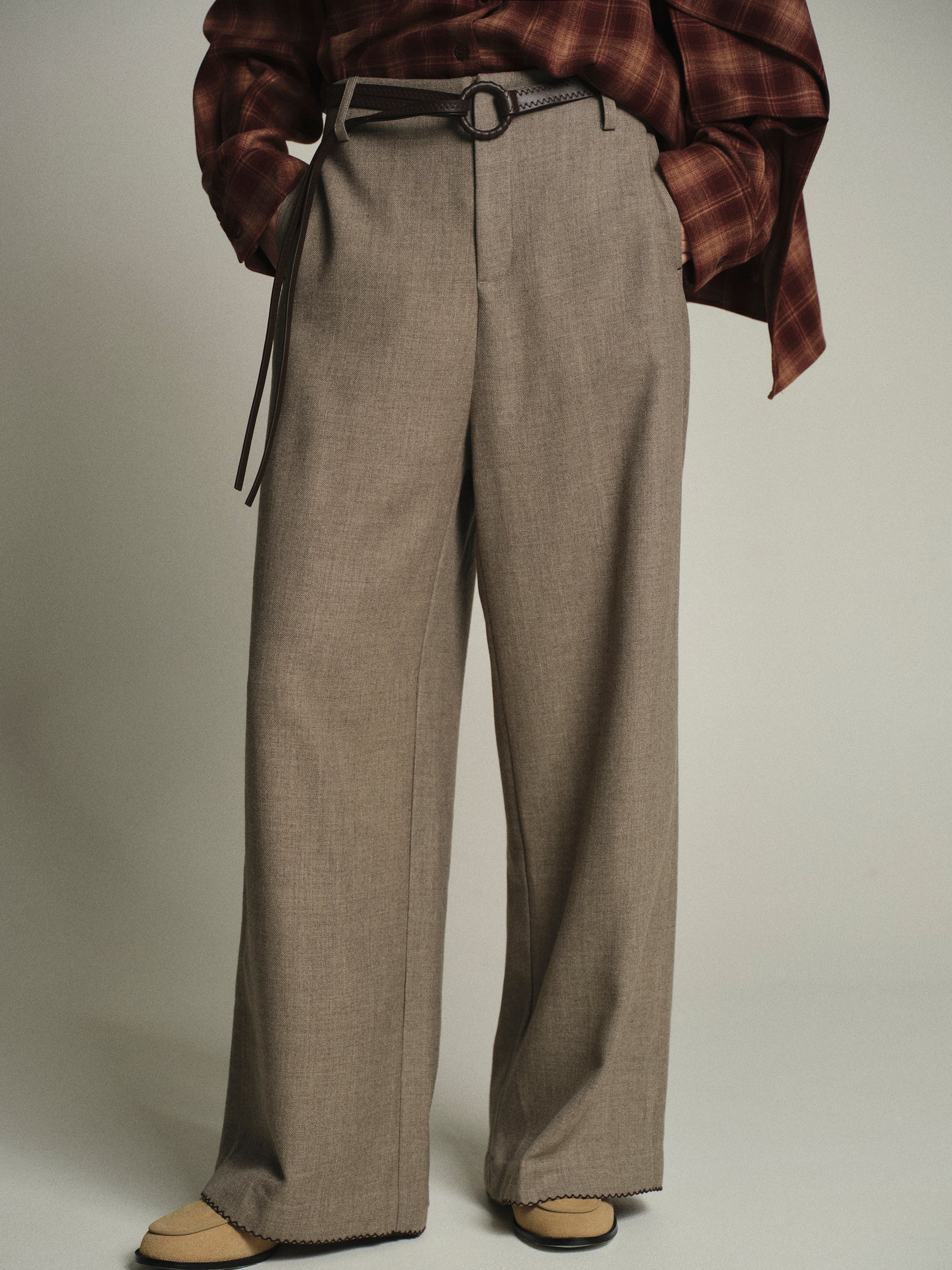 Cord-Belt Wool Trousers, Brown