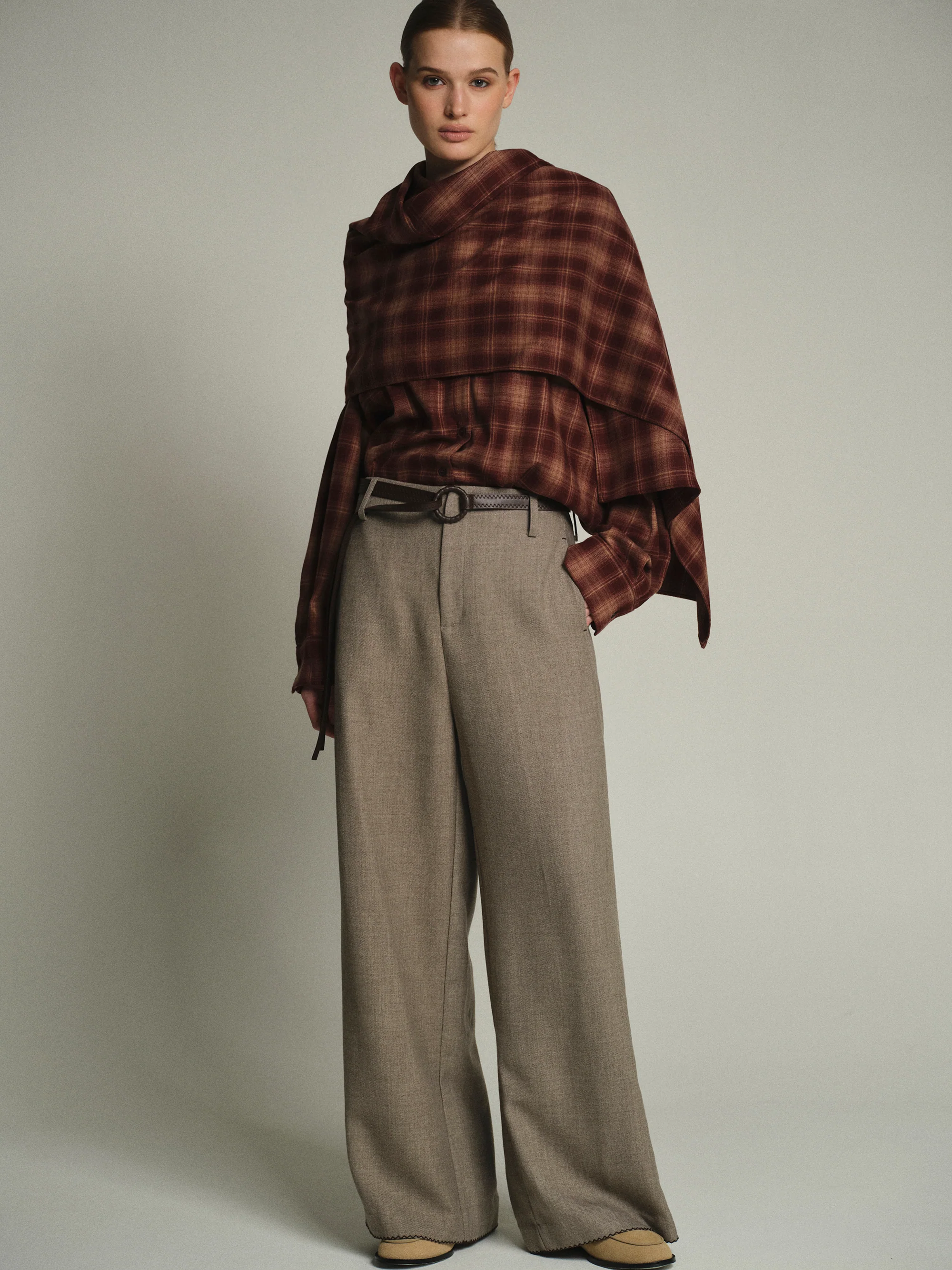Cord-Belt Wool Trousers, Brown - Image 3