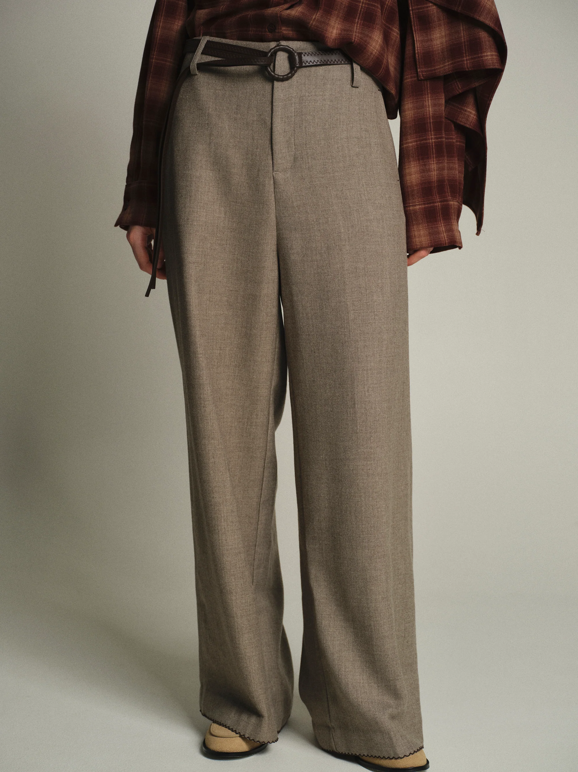 Cord-Belt Wool Trousers, Brown - Image 4