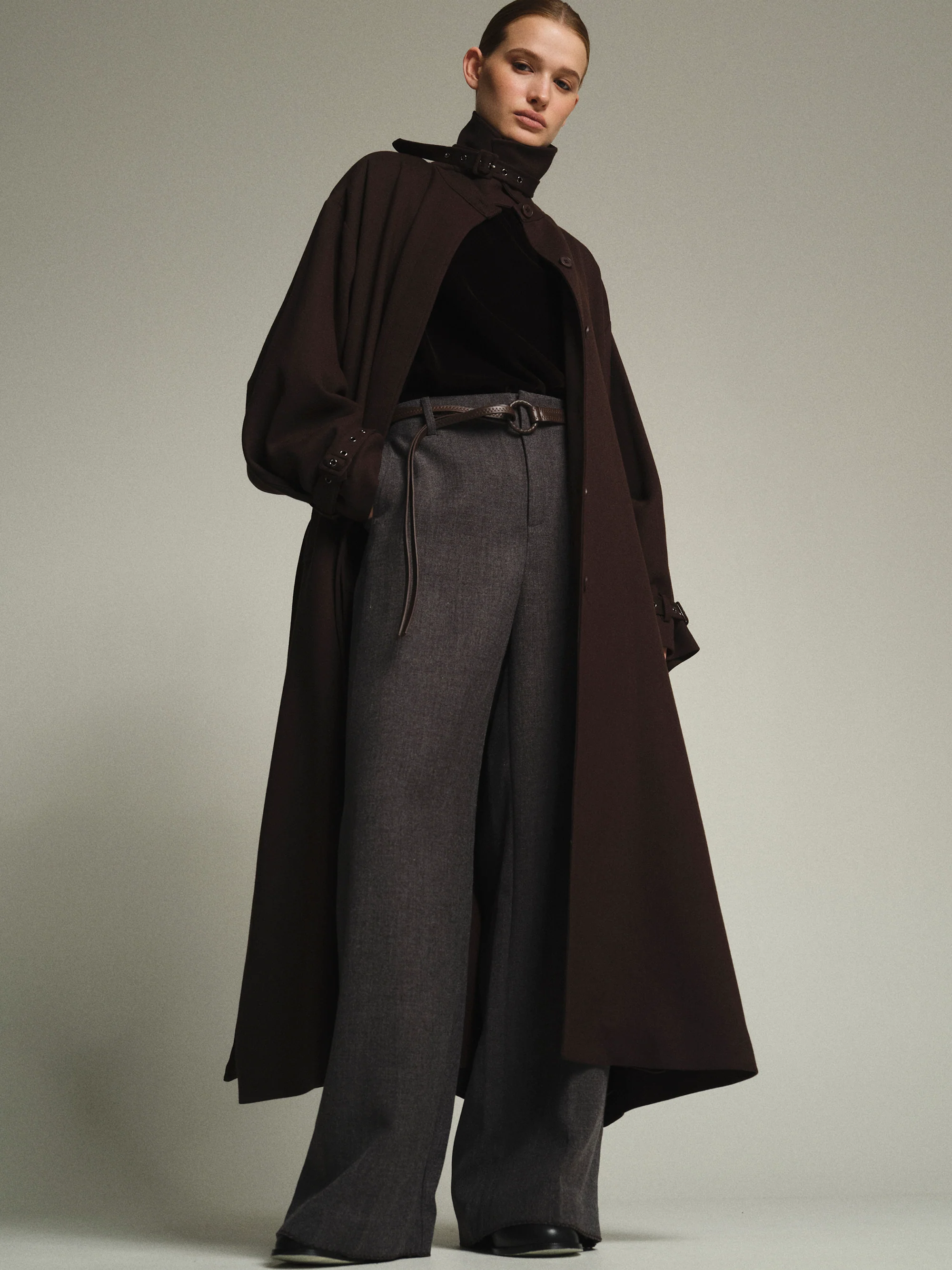 Cord-Belt Wool Trousers, Grey - Image 2