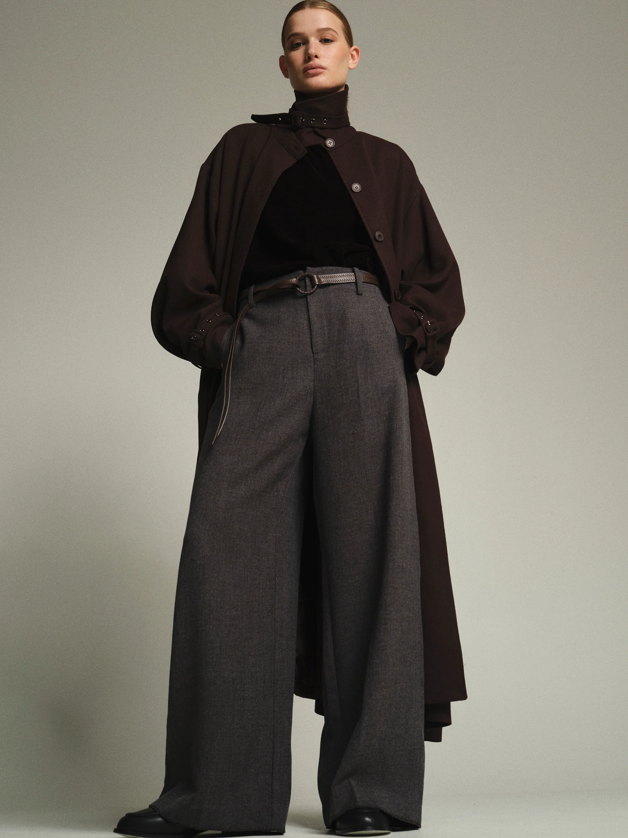 Cord-Belt Wool Trousers, Grey - Image 3