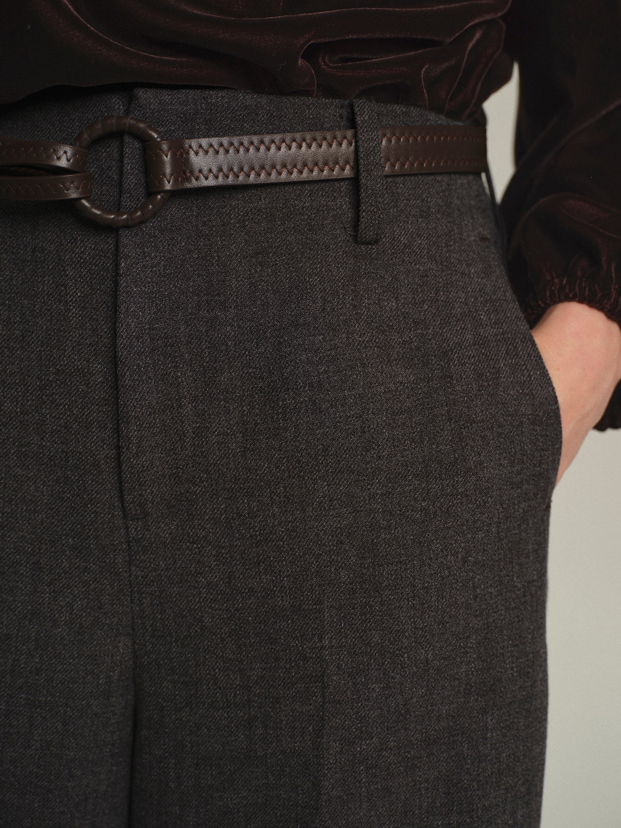 Cord-Belt Wool Trousers, Grey - Image 4