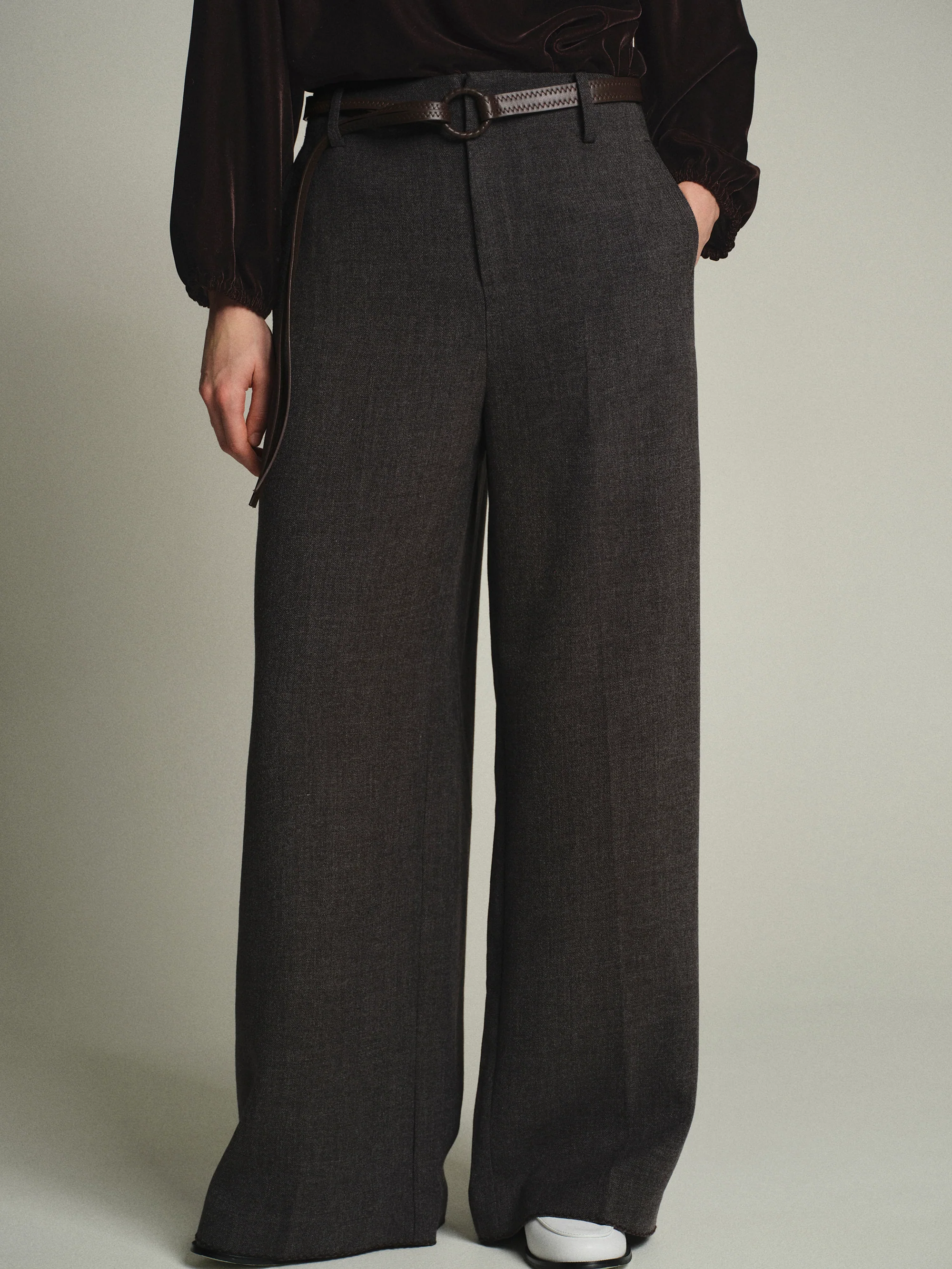 Cord-Belt Wool Trousers, Grey - Image 5
