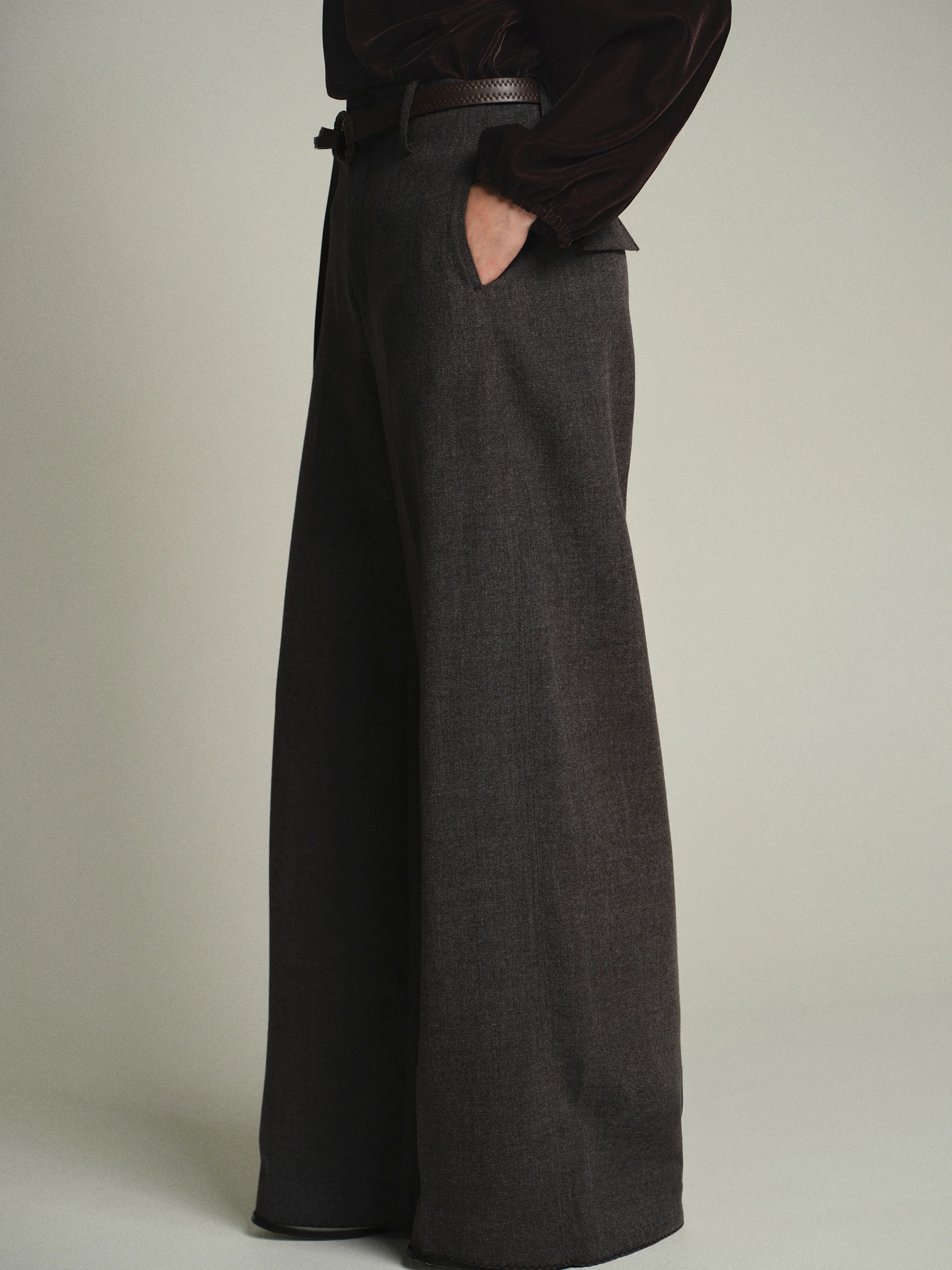 Cord-Belt Wool Trousers, Grey - Image 6