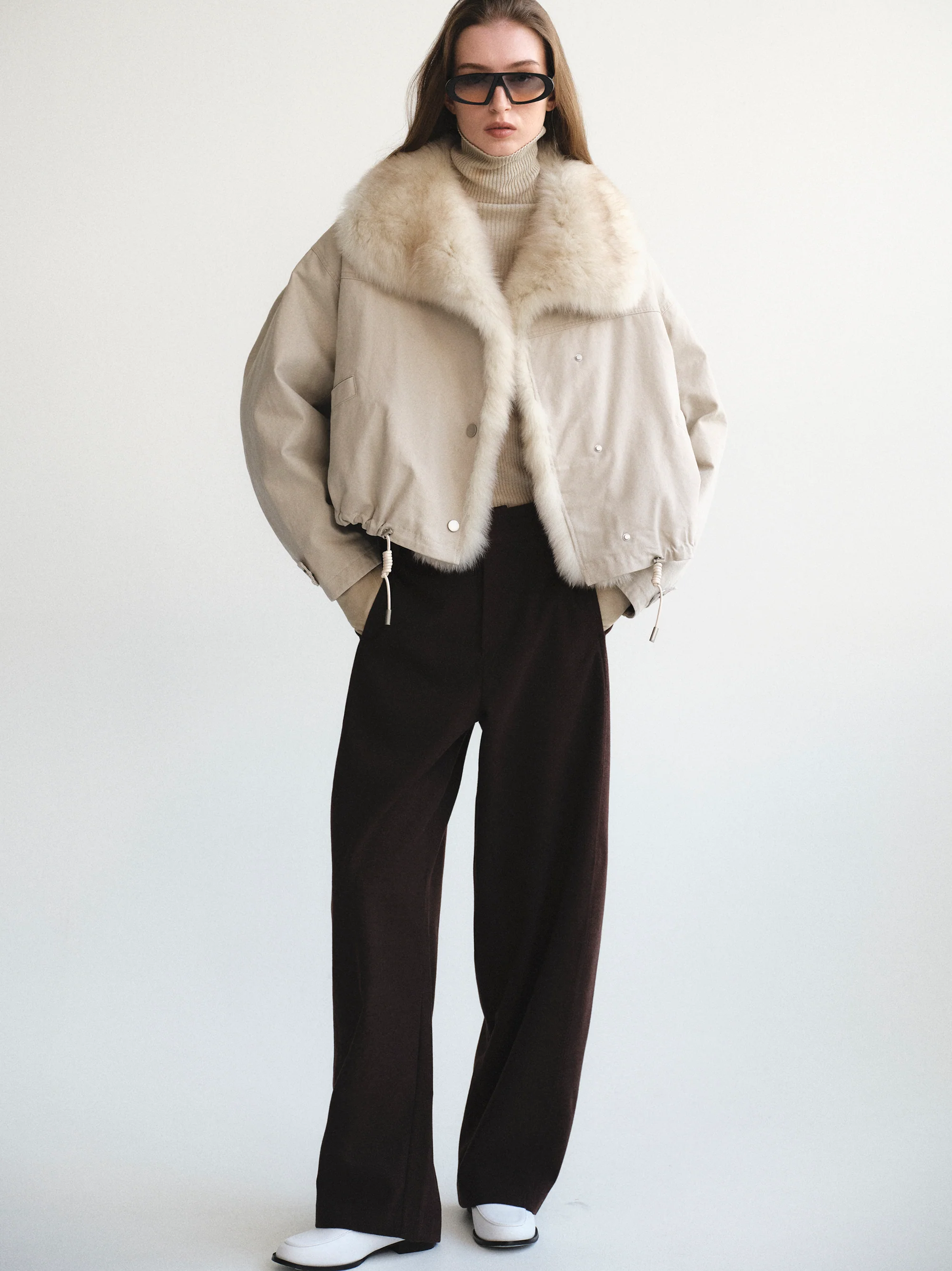 Cotton Canvas Fur Jacket, Beige